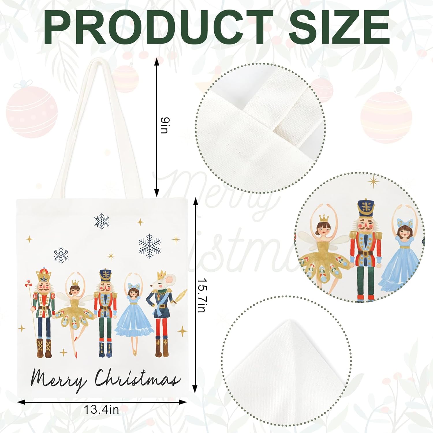 Whaline 2Pcs Christmas Canvas Tote Bags Nutcracker Xmas Balls Tree Grocery Shopping Bag Merry Christmas Reusable Gift Goodie Bag for Gifts Wrapping Storage - Image 3