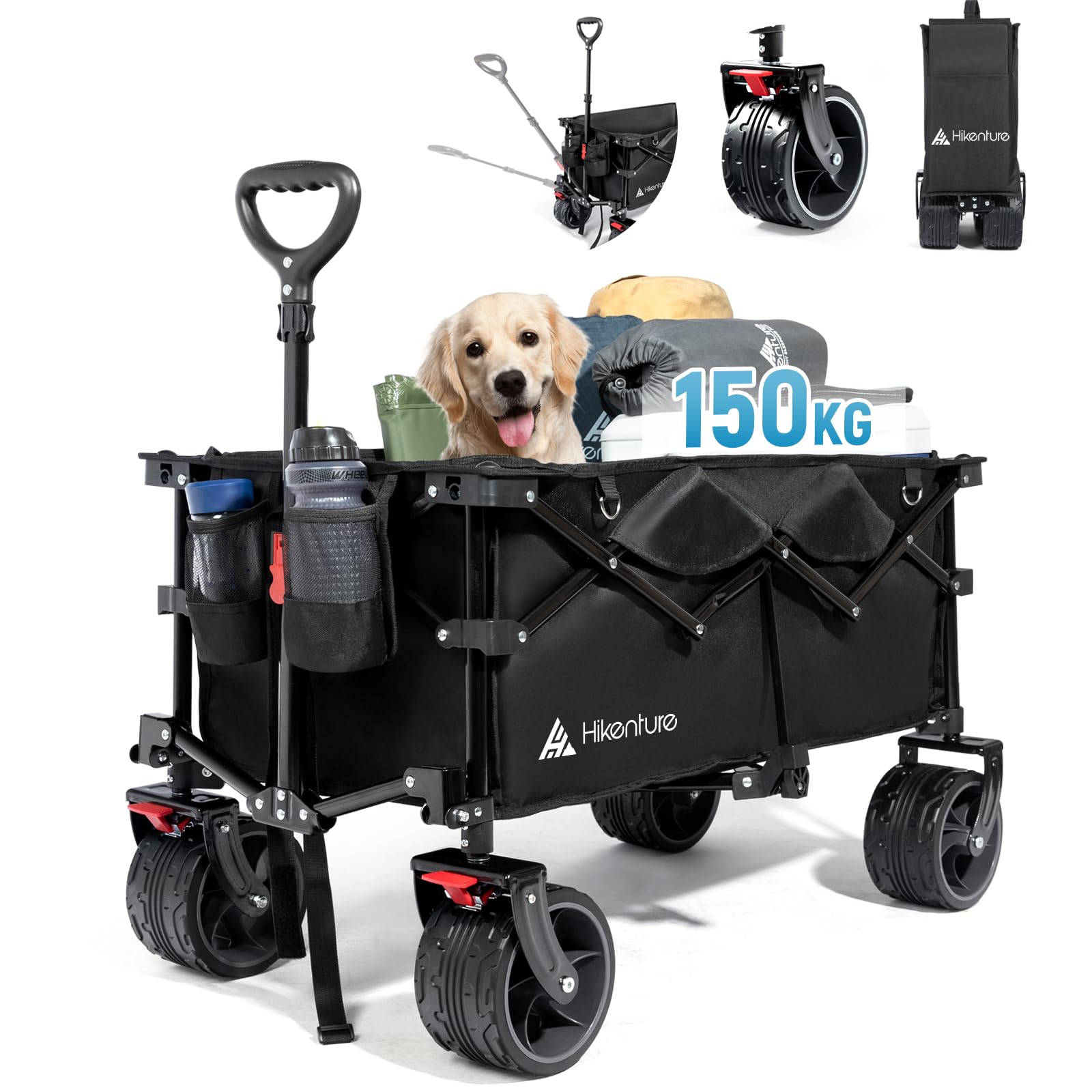 HIKENTURE Bollerwagen Faltbar 135L Faltbarer Bollerwagen - Klappbarer Handwagen für Strand Camping Einkaufen - Faltbollerwagen Handwagen