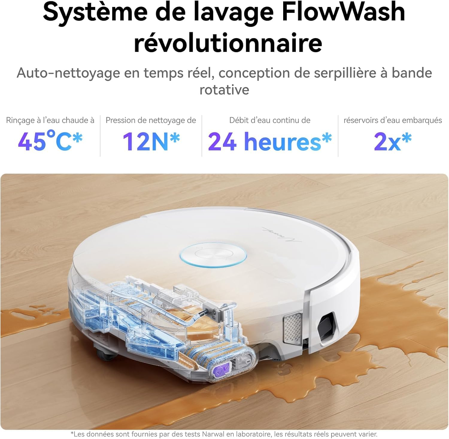 NARWAL Flow Robot Aspirador y Fregasuelos Todo en Uno, Sistema FlowWash de Autolimpieza, 22.000Pa de Succión, Tecnología Anti-Enredos para Pelo de Mascotas, Lavado con Agua Caliente 45-80°C