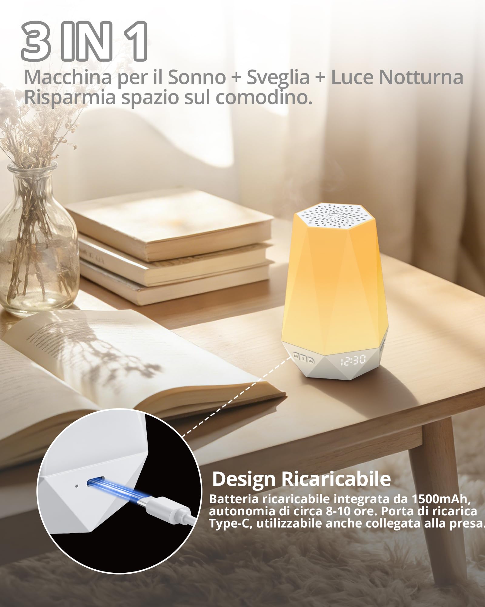 HOMGEN 3 IN 1 Macchina del Rumore Bianco + Sveglia per Bambini + Luce Notturna con 34 Suoni Rilassanti Rumore Bianco Neonato Supporta Controllo Tramite App Trainer del Sonno con Luce Notturna