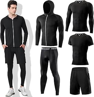 DMVOD Herren Sport Fitness Set 5 Stück Kompressionsshirt Langarmshirt Sporthose Leggings Laufshirt Funktionswäsche Atmungsaktiv Schnelltrocknend Trainingsanzug für Running Gym Outdoor