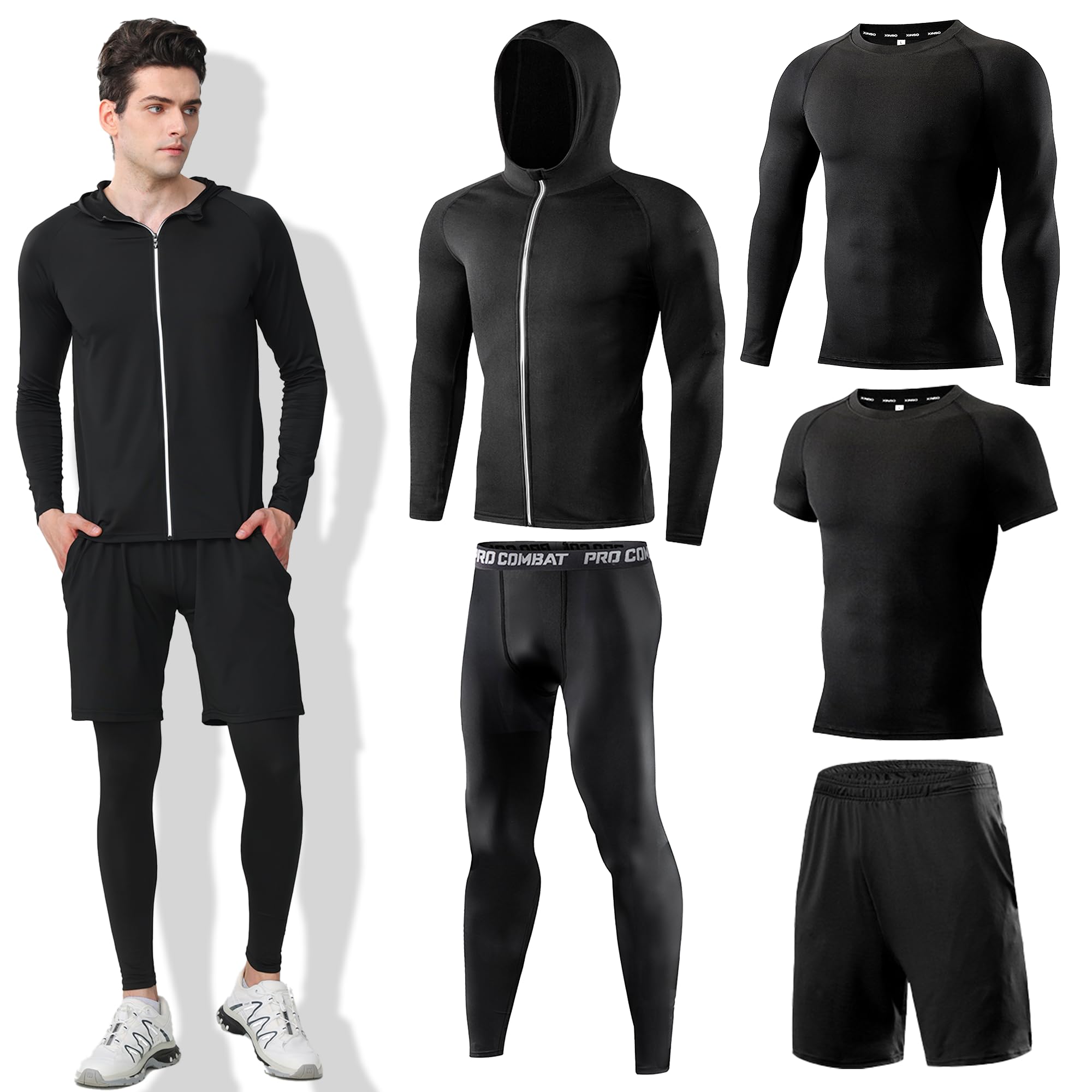 Herren Sport Fitness Set 5 Stück Kompressionsshirt Langarmshirt Sporthose Leggings Laufshirt Funktionswäsche Atmungsaktiv Schnelltrocknend Trainingsanzug für Running Gym Outdoor