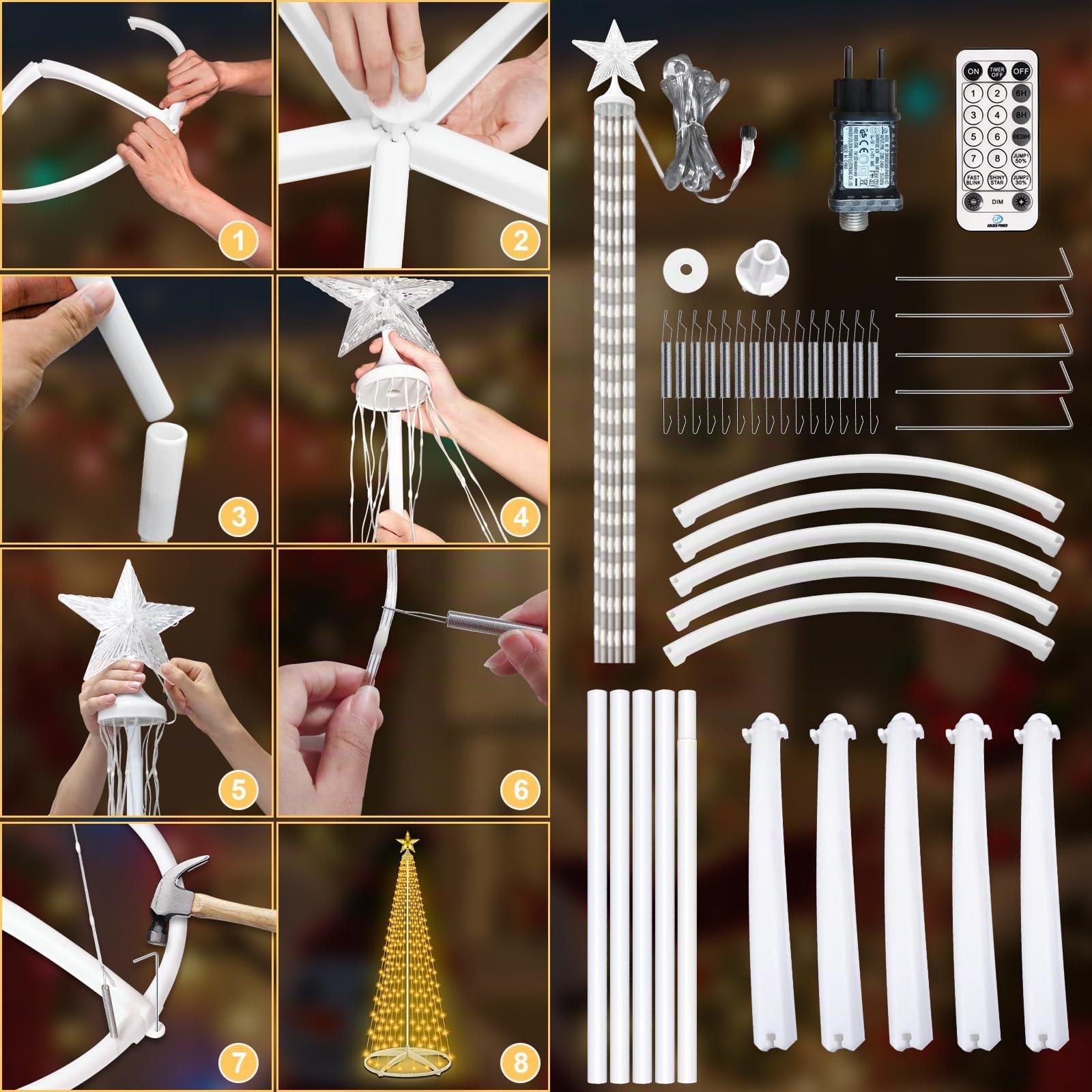 Christmas Cone Tree Lights, 2,28m 310 LED Décoration de Noël Extérieur, Sapin de Noel Lumineux, Guirlande Lumineuse d'Arbre de Noël,12 Modes, avec Télécommande pour Jardin ou Balcon (Blanc Chaud）