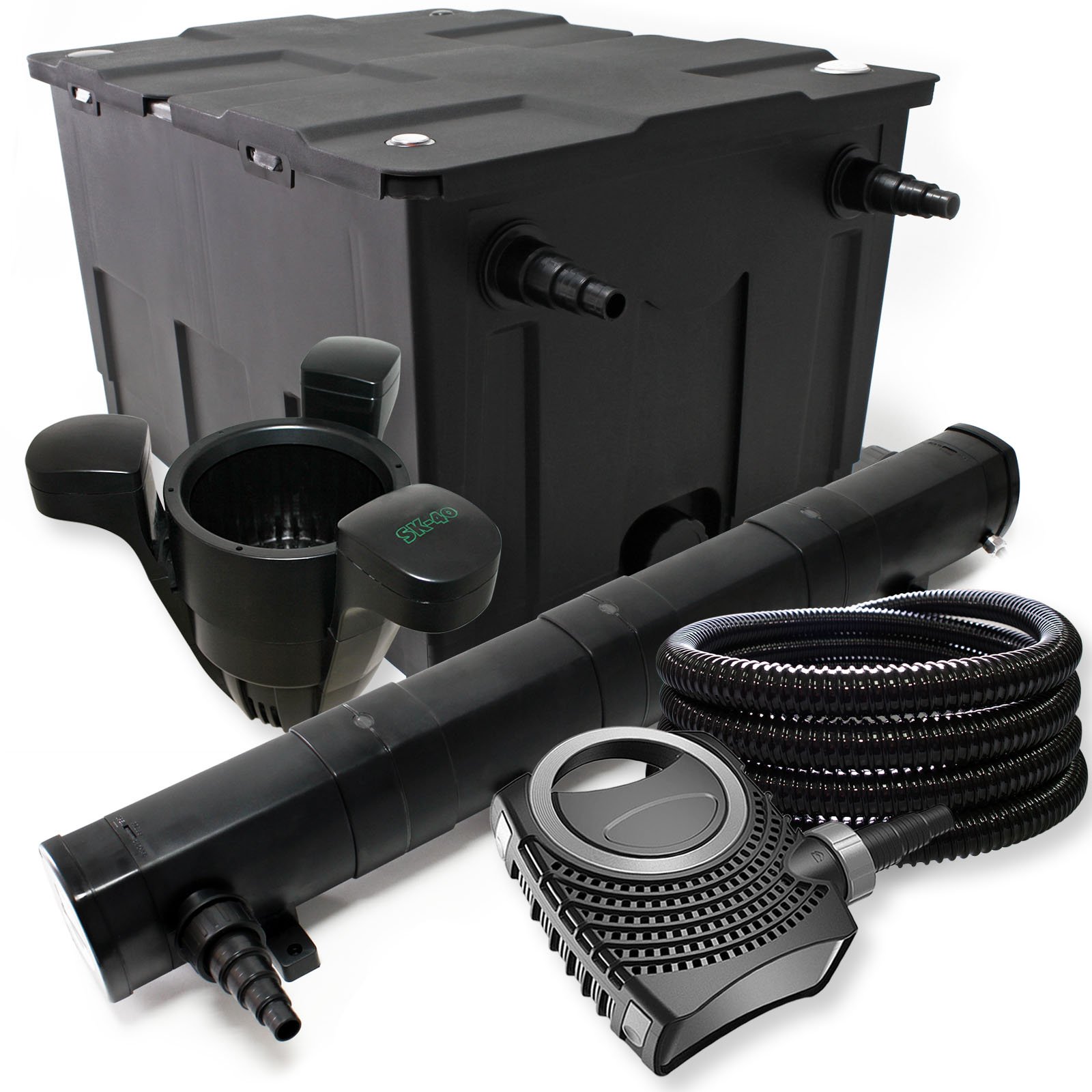 WilTec Kit Complet: CBF-550 Filtre de Bassin jusqu'à 60000 L Biologique, NEO10000 Pompe de Filtration 10000l/h 80W, CUV-272 Lampe UV 72W, 25m Tuyau 25 mm, SK-40 Écumeur 3000l/h 60W