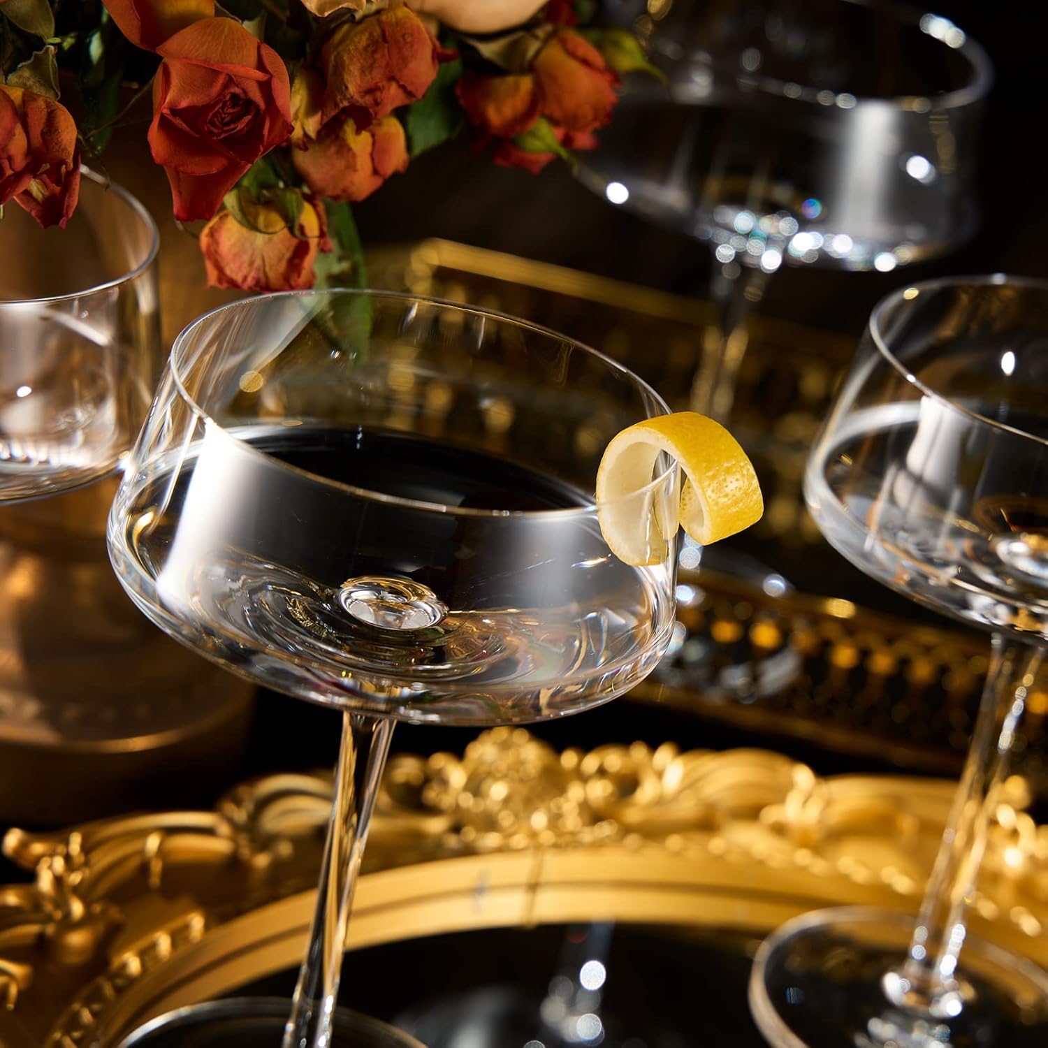 Martini & Champagne Coupe Glasses Set of 4 with Silver Spoon | 10oz | Crystal Luxury , Premium Hand-Blown | Classic Cocktail & Glass Coupes For Manhattan , Cosmopolitan , Sidecar , Speakeasy Goblets