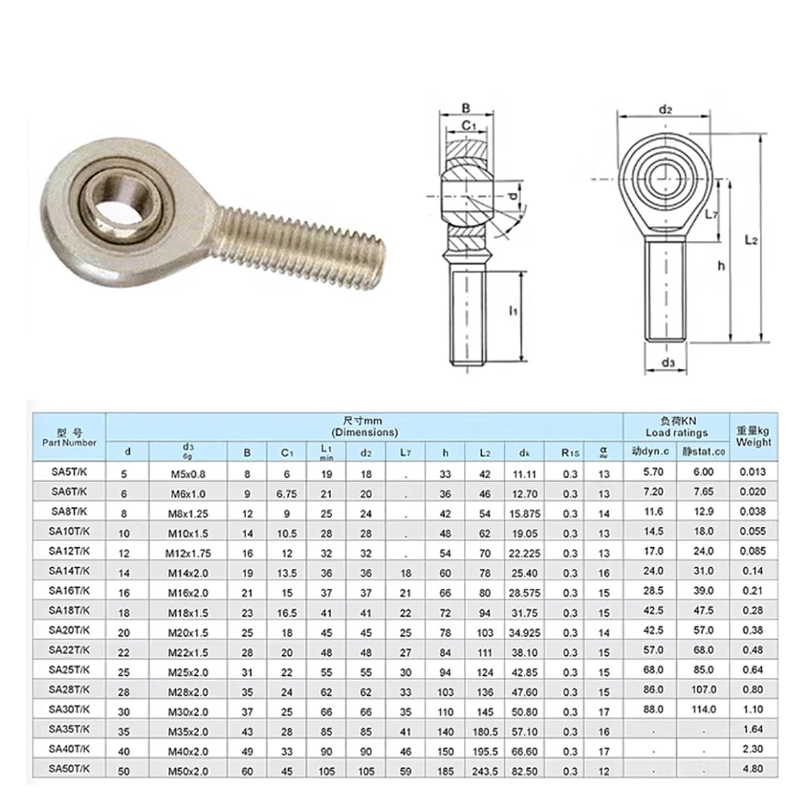 Lyofeon 1PCS M4 M5 M6 M8 M10 M12 Male Ball Bearing Fish Eye Rod End Joint Bearing Left Thread SAL4/5/6/8/10/12 T/K Oscillating Bearing(M4)