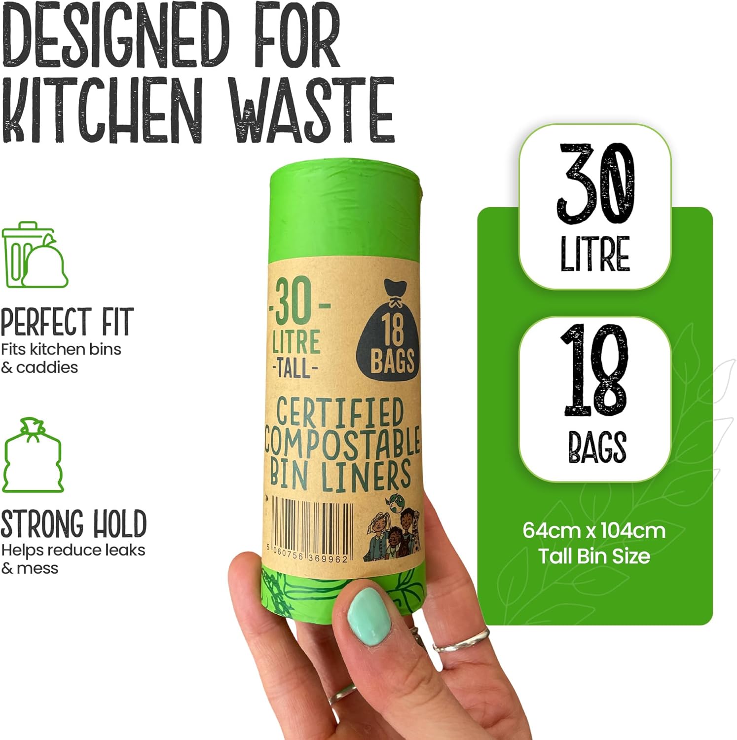 Eco Green Living Plastic Free, Strong and Leak Proof Refuse Sacks, Medium Bin Bags for Food Waste and Kitchen Bin, Tie Handle Garbage Bags, 72 Bags, 7.93 Gallons