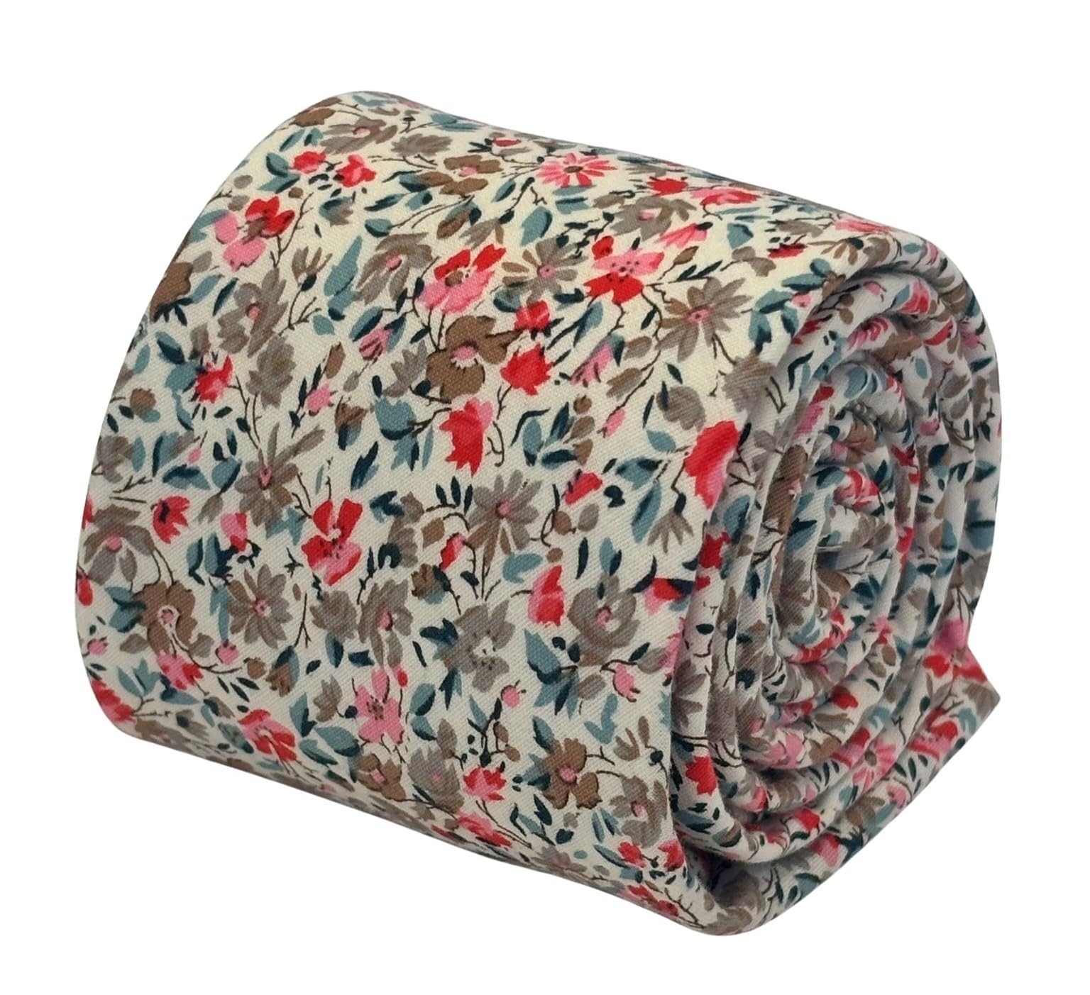 Frederick Thomas Floral Wildflower Cotton Necktie, 6.5 cm Width, Red and Pink, British Design, UK Prime Seller