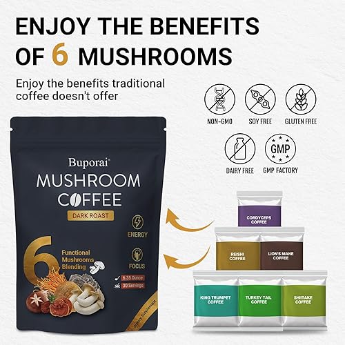 Miniatura 5 de Café de hongos tostado oscuro, café instantáneo de hongos con 6 hongos melena de león, cordyceps, cola de pavo y otros para energía, concentración,