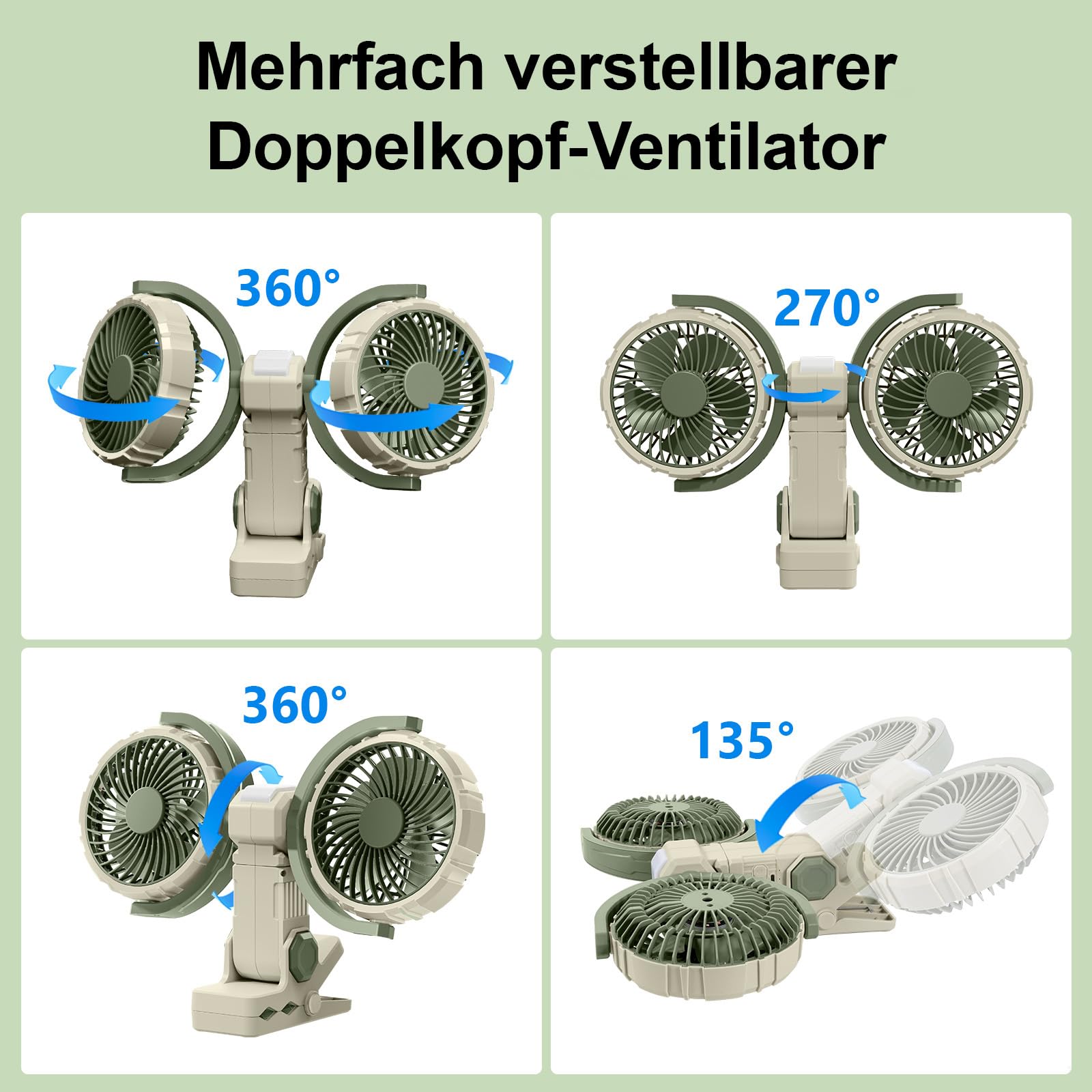 Ventilatore da tavolo a doppia testa con clip on a batteria, USB ricaricabile, rotazione a 360 gradi, ventilatore di raffreddamento personale silenzioso, può essere fissato ai veicoli, verde
