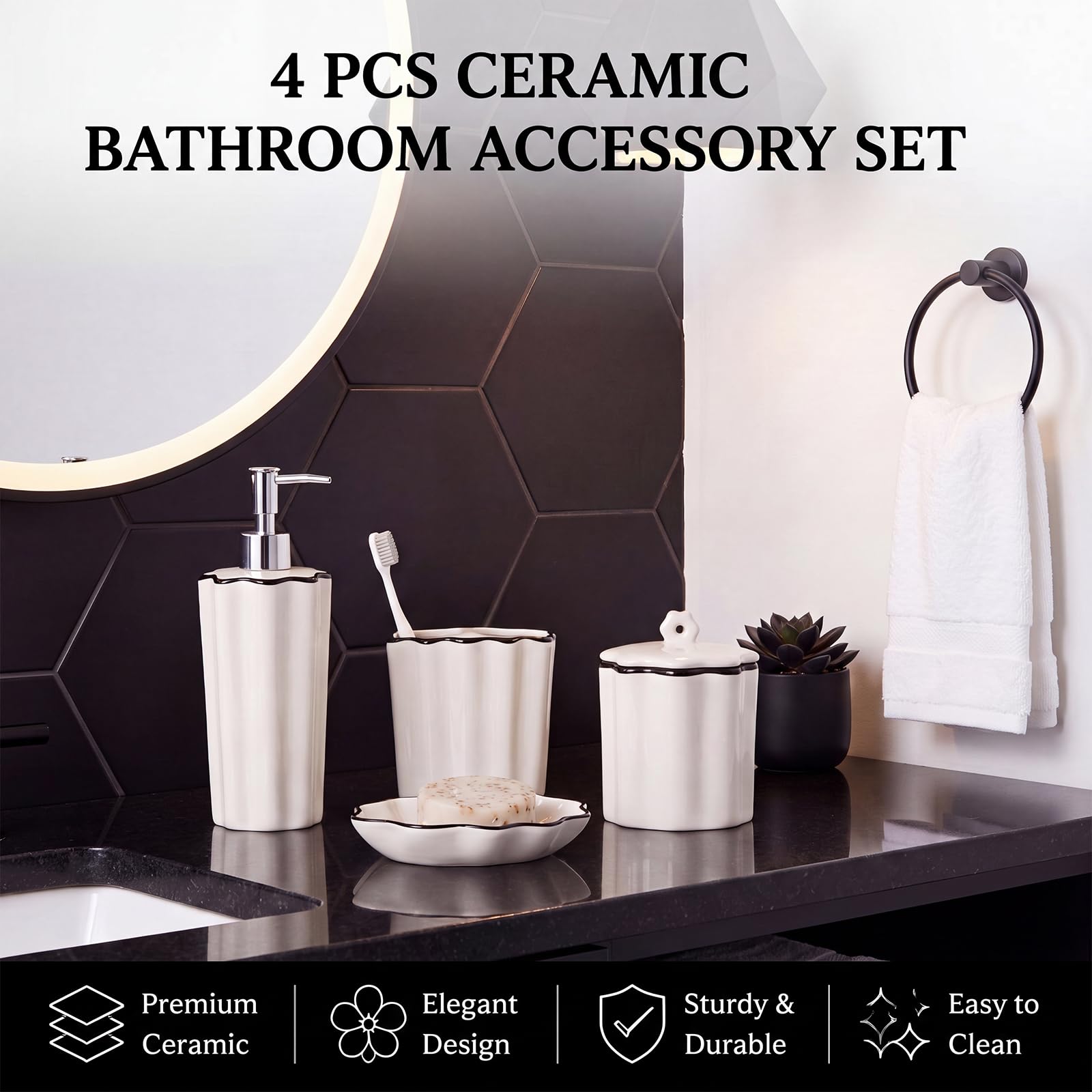 Zhehao 4-teiliges Badezimmer-Zubehör-Set aus Keramik, mit Zahnbürstenhalter, Seifenspender, Seifenschale, Wattestäbchen, Badezimmer, Arbeitsplatten-Organizer (schwarz)
