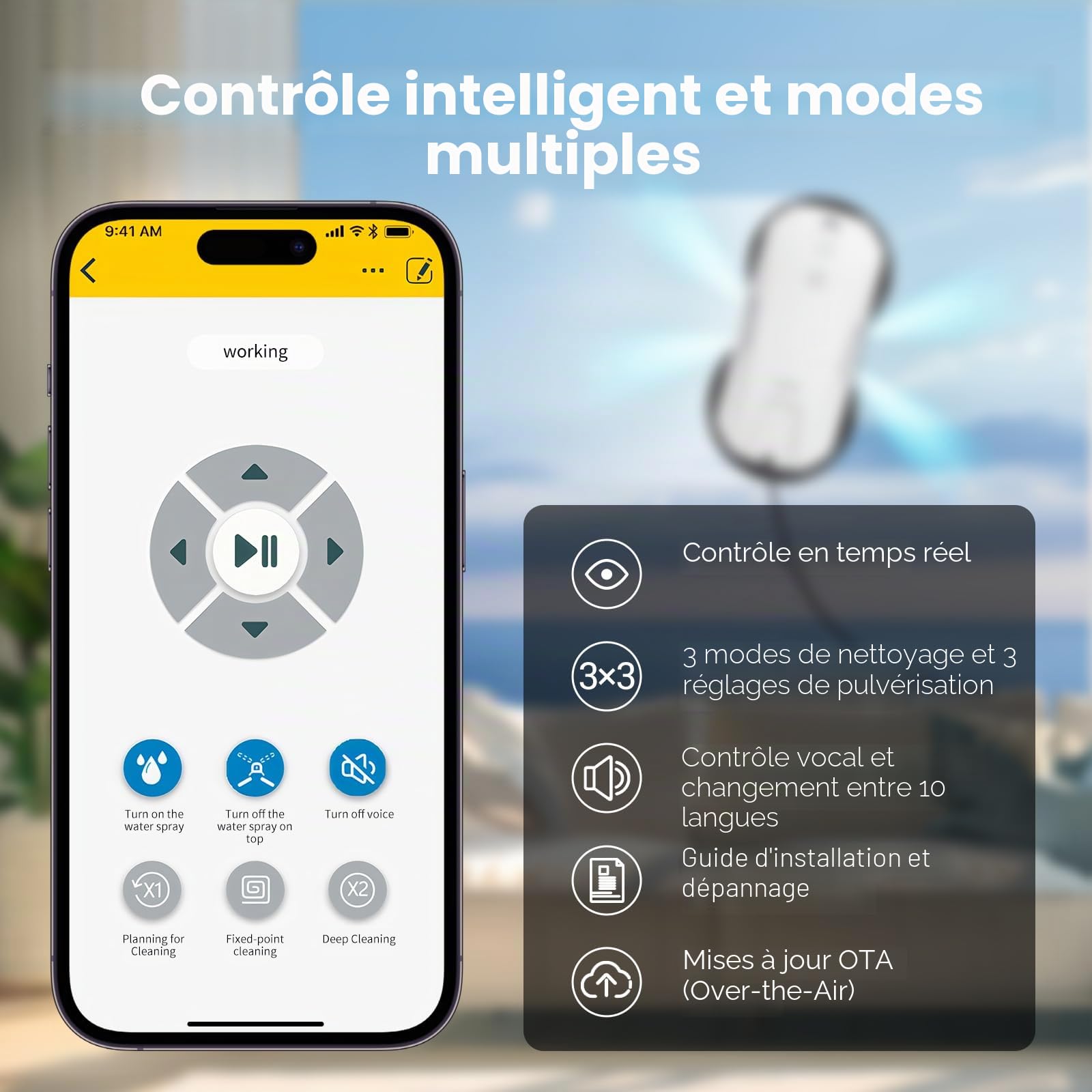 Fmart T11 Robot nettoyeur de vitres avec 10 chiffons, système de pulvérisation automatique à quatre voies avec triple système de sécurité, navigation intelligente, télécommande, pour toutes les
