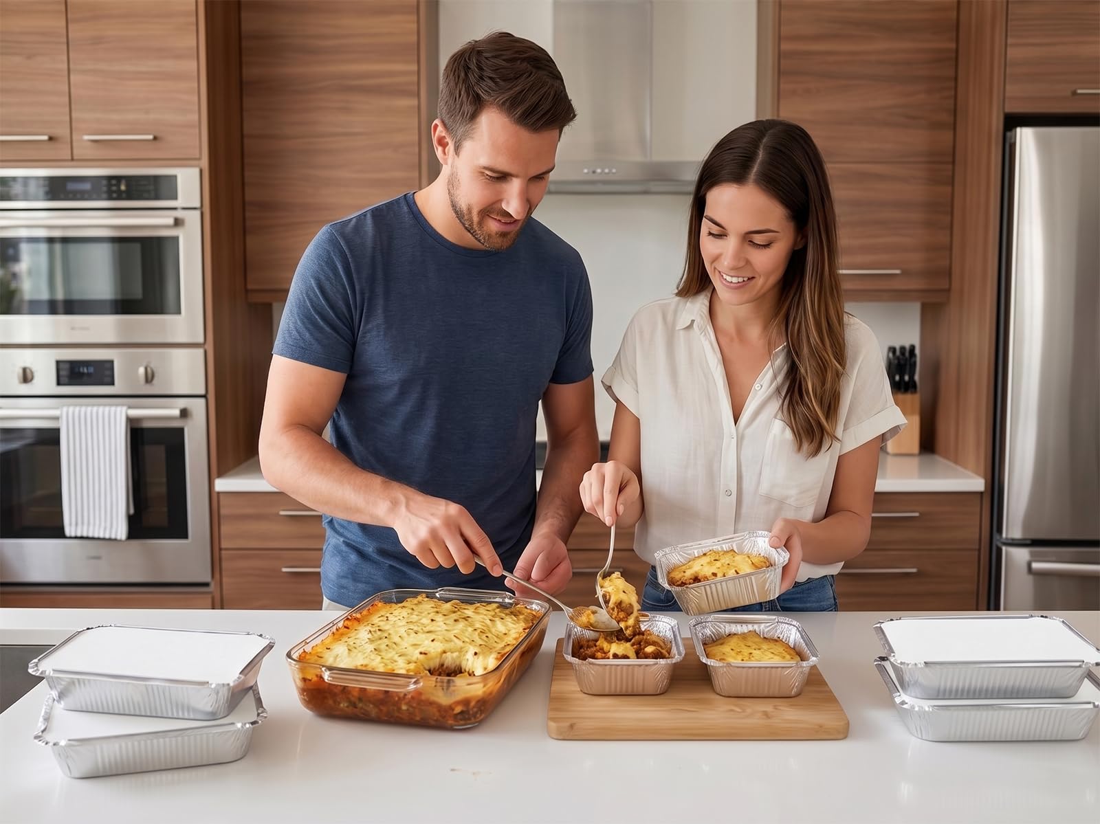 50x Vaschette Alluminio con Coperchio, Vaschette 1100 ml Resistenti - Contenitori Alimentari per Forno e Freezer - Teglie Rettangolari Ideali per Lasagne, Barbecue e Batch Cooking