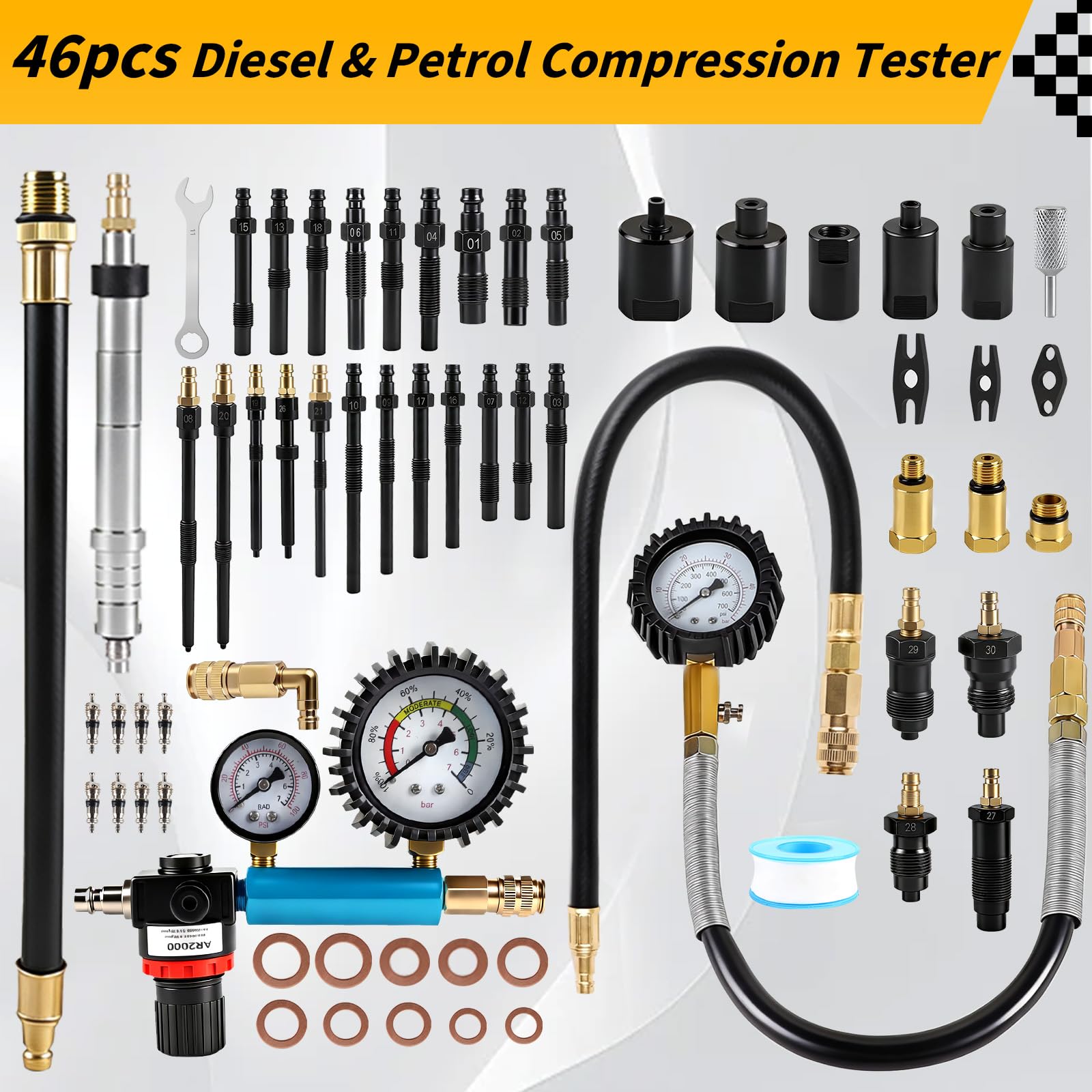 CPROSP 46 Piezas Tester de Compresión y Pérdida de Presión (0-50 Bar / 0-7 Bar), Comprobador de Compresión para Motor de Gasolina/Diésel, Compatible HDI, TDCi, para Coches, Camiones, Autobuses, Motos