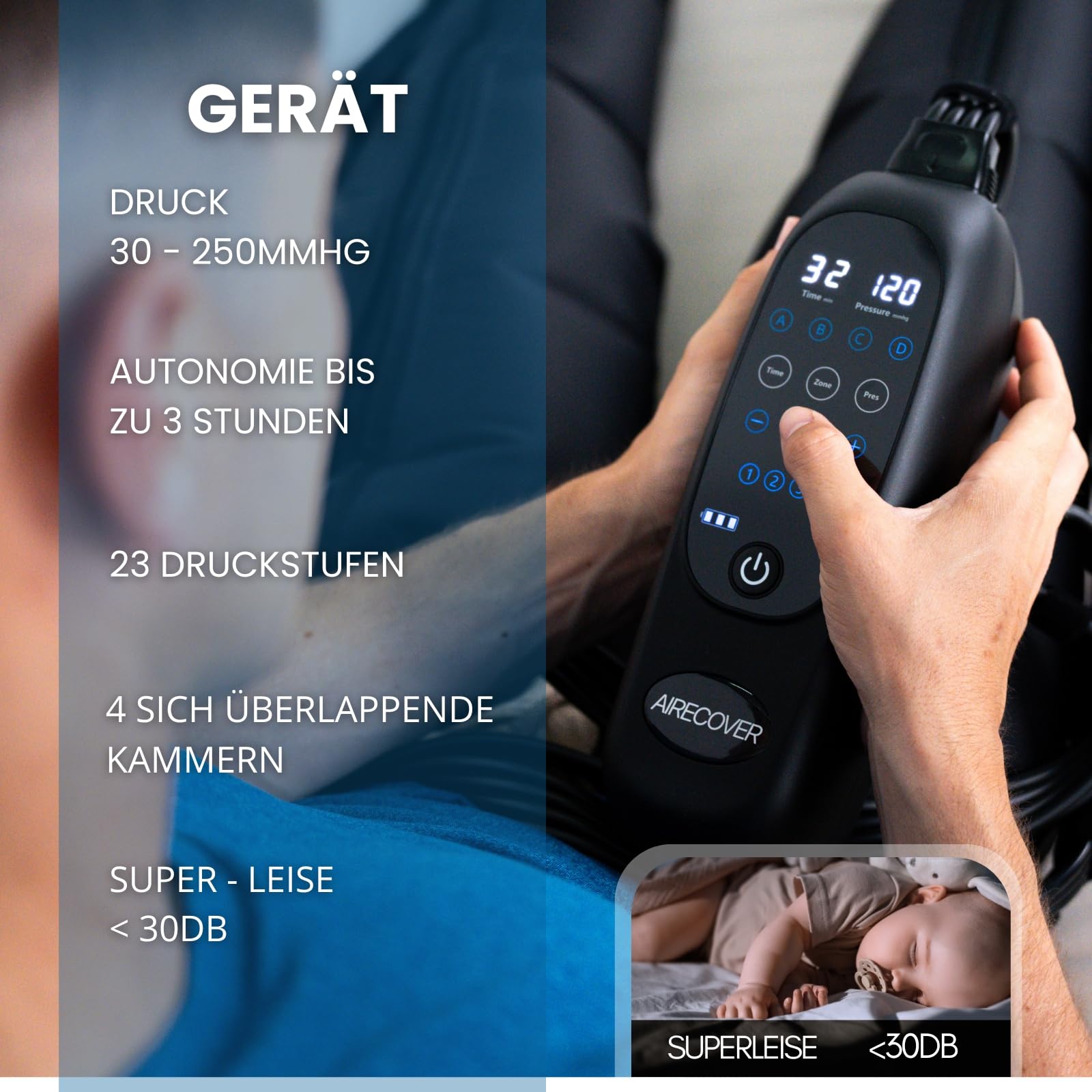 Kabelloses Beinmassagegerät, Lymphdrainage Gerät & Recovery Boots |30-250 mmHg|4 Modes |Maximale Recovery & Durchblutung(L)