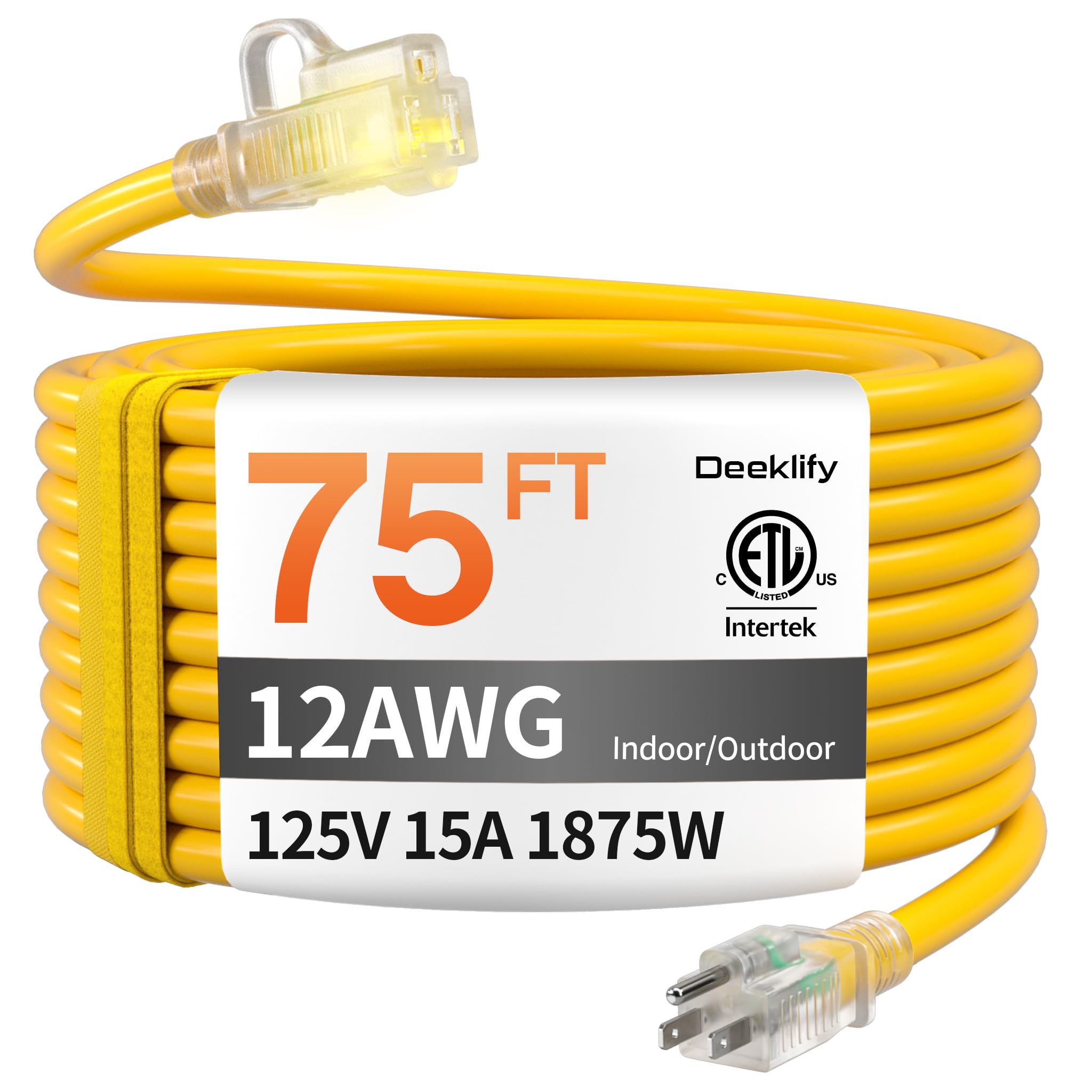 Photo 1 of 12AWG 75 FT Heavy Duty Outdoor Extension Cord Waterproof with Lighted End,12 Gauge Extension Cord Flexible and Cold Resistant 3 Prong Grounded Plug,15Amp 1875W Yellow SJTW ETL Listed