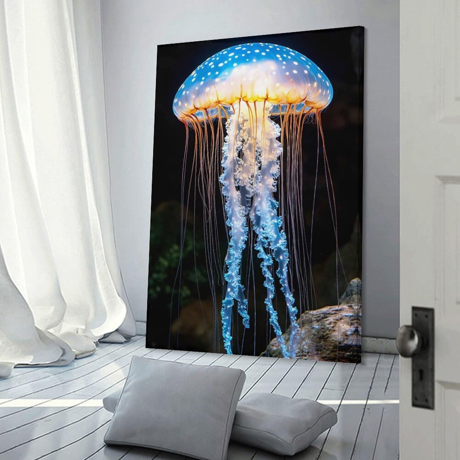 Junmoney Canvas Wall Decor Bioluminescent Jellyfish in Dark Water, 08x12inch(20x30cm), for Living Room, Bedroom, Office Or Hallway, Decorative Artwork with Broad Appeal