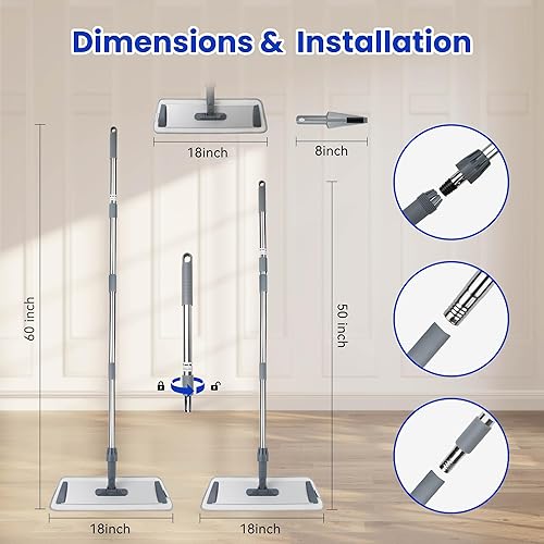 Miniatura 2 de Trapeador plano de microfibra grande de 60 pulgadas para limpieza de suelos, mopa húmeda y seca con 4 almohadillas lavables, cabezal giratorio de
