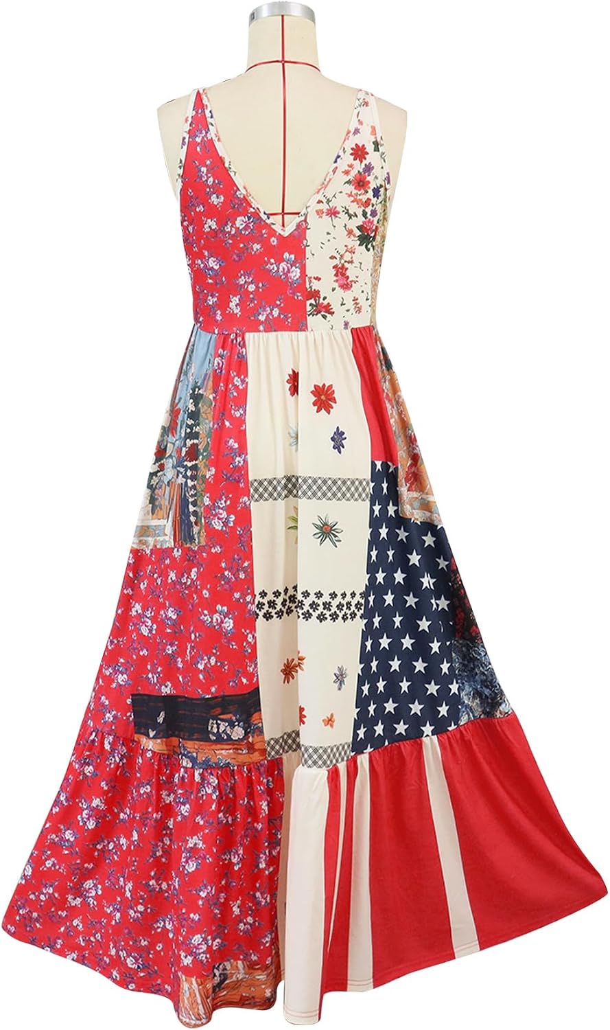 Women's Sleeveless Tank Maxi Dress Patriotic July 4th USA Flag Stars Stripes Floral Beach Dress Boho Vest Dress