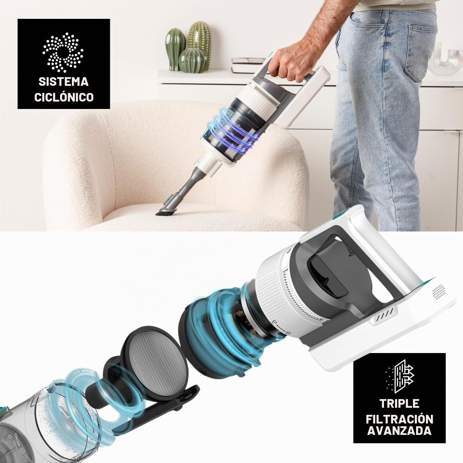 Taurus – Aspirador Sin Cable Nimbus Pure | Potente Succión | Autonomía 70 min | Todo Tipo de Superficies | Ultraligero | Filtro HEPA | 2 cepillos | Luz LED | Eco/Turbo | Accesorios
