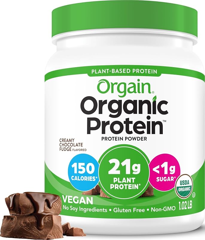 Orgain Polvo de proteína vegetal cremoso de chocolate orgánico, 16.3 oz | Proteína de origen vegetal, 7 g de fibra prebiótica, baja en carbohidratos netos, sin ingredientes de azúcar ni lactosa añadidos, sin OGM, para batidos y batidos