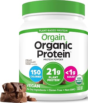 Orgain Organic Creamy Chocolate Fudge Plant Protein Powder, 16.3 OZ | Plant based protein, 7g prebiotic fiber, low net carb, no added sugar or lactose ingredients, non-GMO, for shakes & smoothies