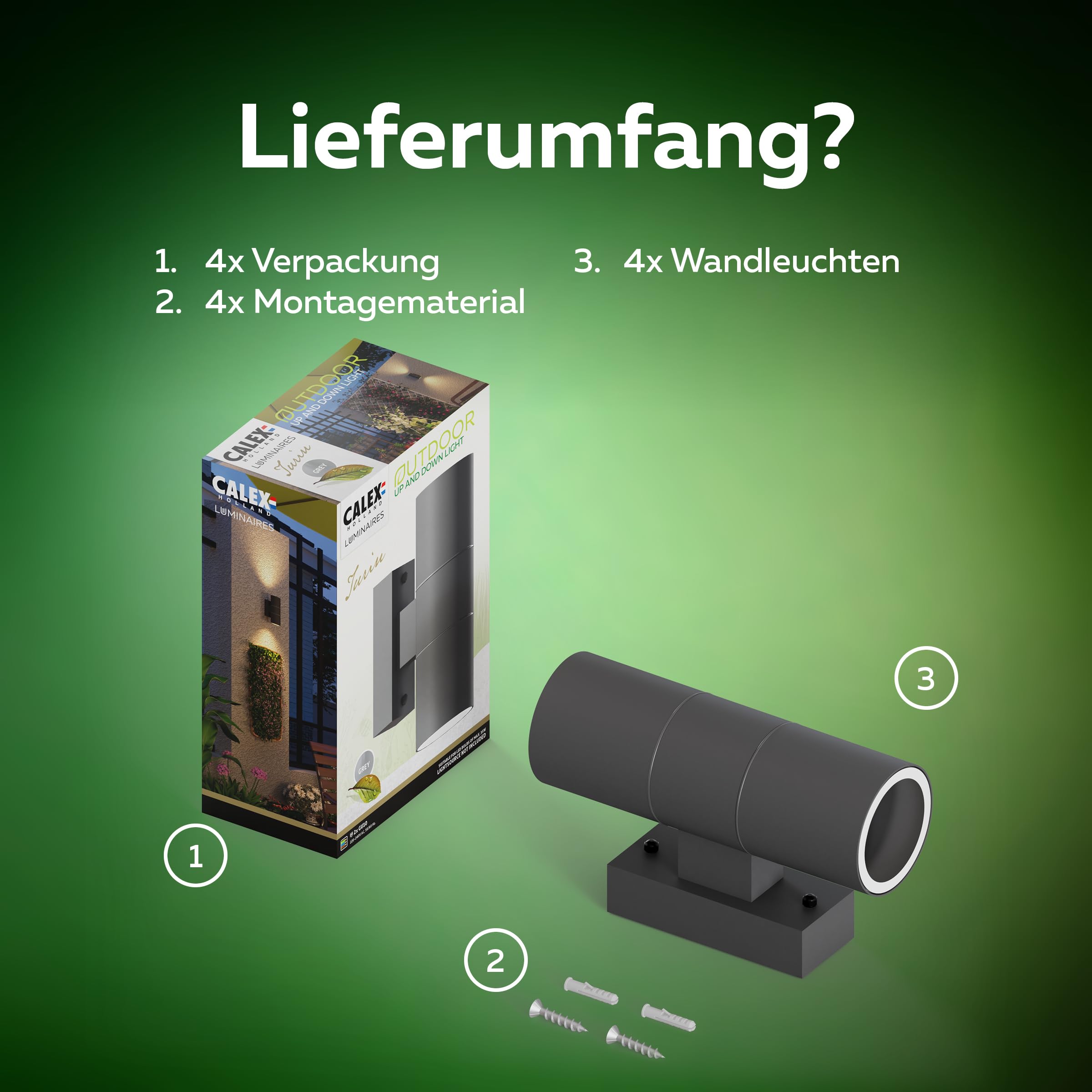 CALEX Turin Wandleuchte, für Außen & Innen, 2x GU10 Fassung, Zylinderform, Up & Downlight, wasserdicht, ohne Leuchtmittel, Anthrazit, 4er Pack