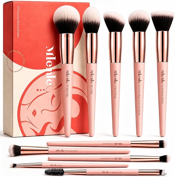 Set de brochas de maquillaje Mlemle, kit de 10 piezas para polvo/base, rubor y ojos | Incluye brochas para polvo, base, rubor, contorno, correctores y sombras de ojos