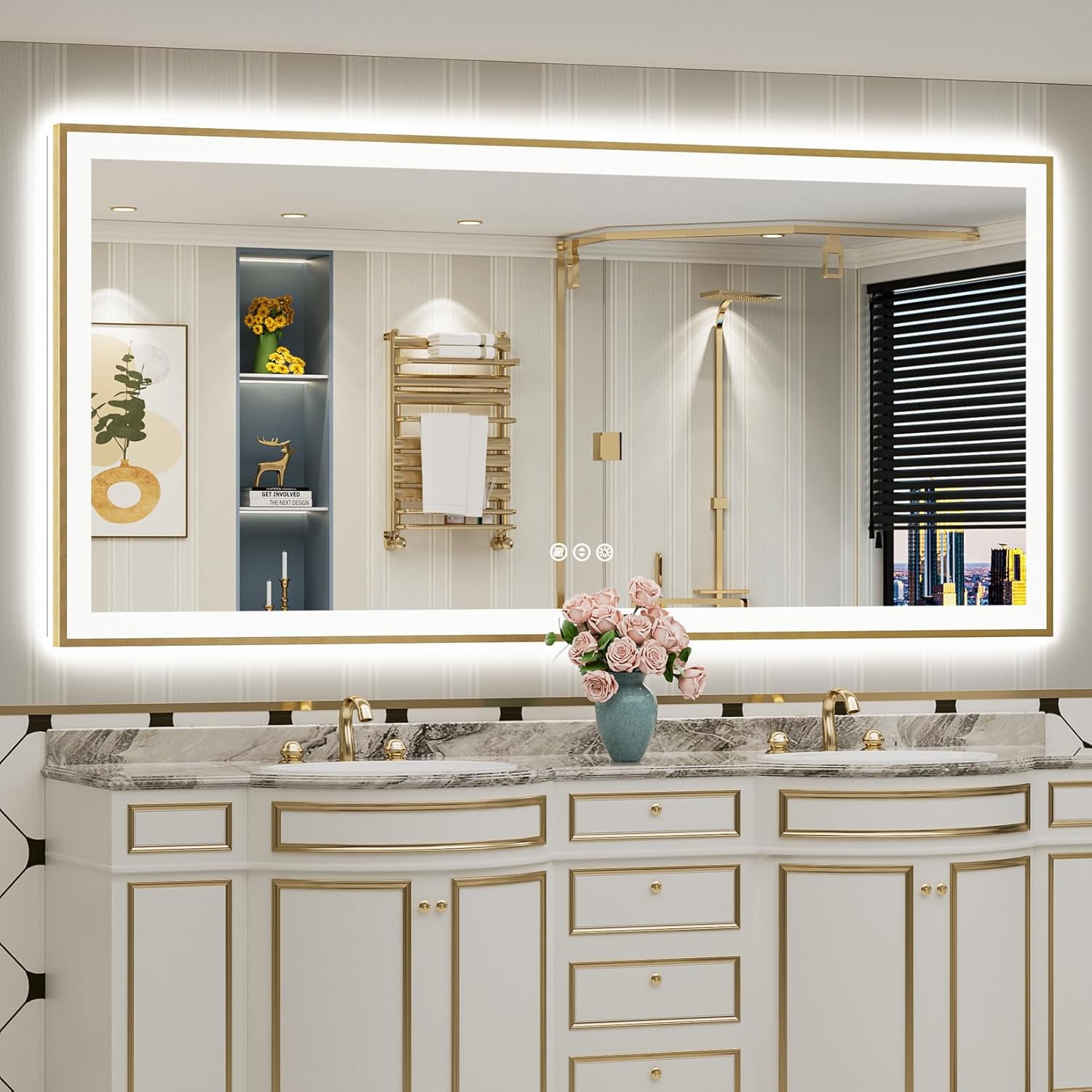 84x40 Gold LED Bathroom Mirror with Lights, Brushed Gold Framed Backlit and Front Lit Anti-Fog Lighted Vanity Mirrors for Bathroom Wall, Dimmable, 3 Colors, Memory, HD Tempered Glass, CRI＞90