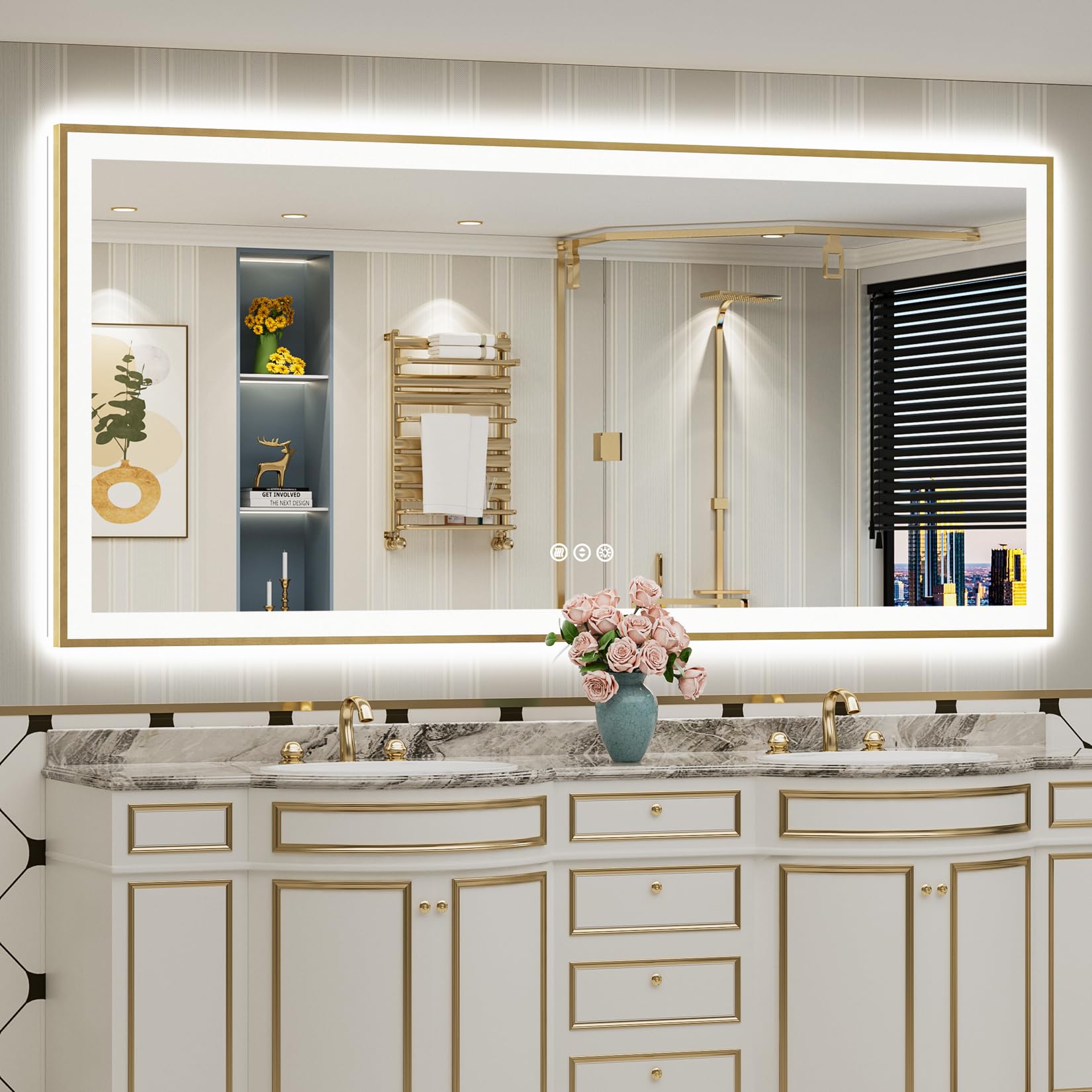 84x40 Gold LED Bathroom Mirror with Lights, Lighted Vanity Mirror