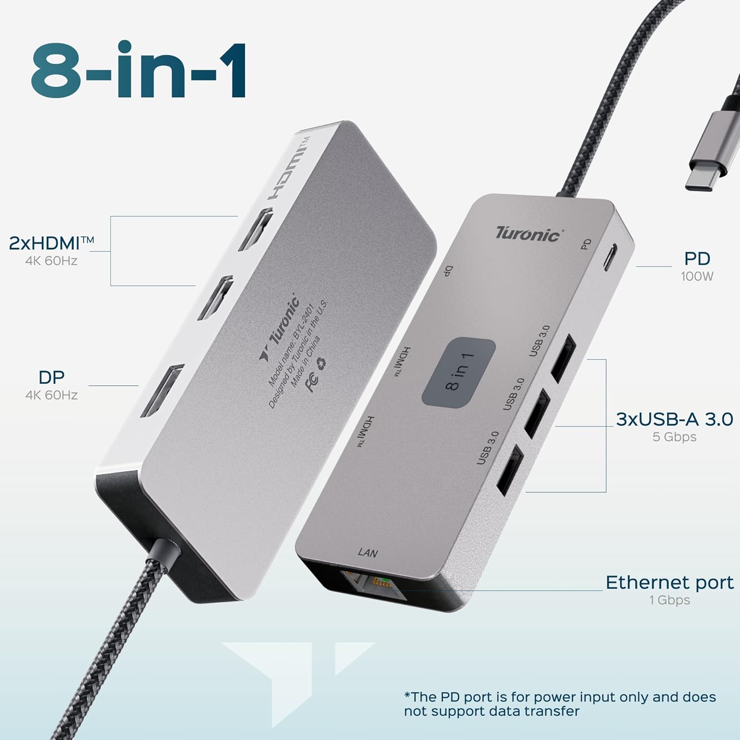 Turonic BYL-2401 Universal Docking Station 8-in-1 USB-C Hub with Dual HDMI 4K@60Hz, DP 1.2, 100W PD Charging, Gigabit Ethernet, 3 USB-A 5Gbps, Aluminum Housing