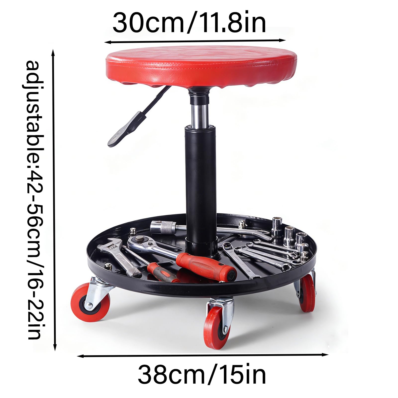 Sgabello da Officina Regolabile, Sgabello da Officina Mobile con Vassoio E Seduta Tonda, Sedia Meccanico Altezza Regolabile E Girevole 150 kg, 2 Ripiani Longueur RéGlable : 42 à 56 Cm,Rosso