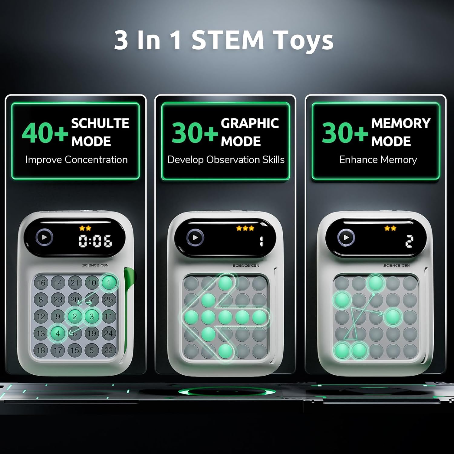 Three distinct game modes of the Science Can Speed Number Games: Schulte Mode, Graphic Mode, and Memory Mode, each with a visual representation of its gameplay.