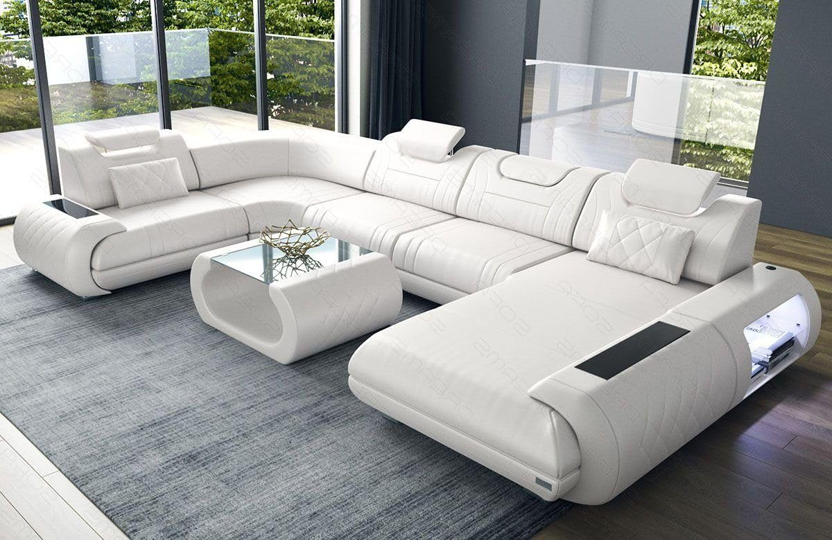 FUNTERIOR Elysian Ushape 8 Seater Beautiful and Modern Leatherette White Sofa Set for Living Room with moveable headrest and Shelf (LHS).-image-42