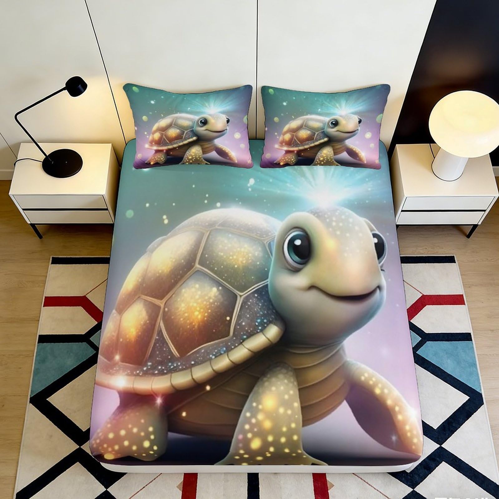 3D Printed Cute Turtle Fitted Sheet Microfiber Anti-Slip Ocean Fantasy Bed Sheet for Bedroom Guest Room Mattress Decor 120x200x25cm