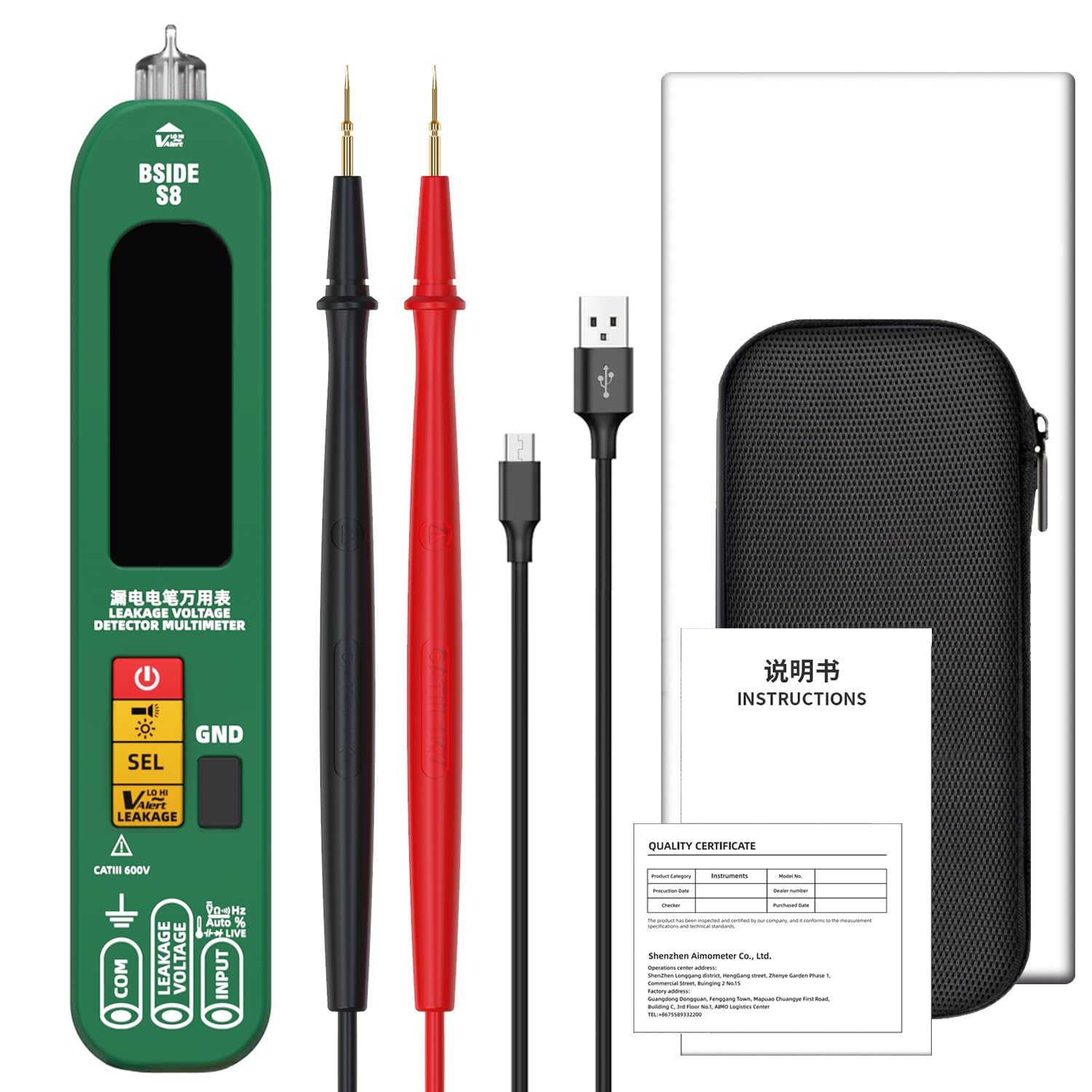 BSIDE S8 Multimètre Numérique Intelligent Stylo Détecteur de Tension Testeur de Fuite Électrique 3 en 1 Grand Écran Couleur Testeur Automatique Rechargeable de Tension AC DC Ohm et Continuité