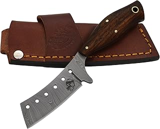 Knives Ranch High Carbon Damascus Steel Hole-Headed Knife with Indian Rosewood Handle Fine Dual Carry Vertical Horizontal Cowboy Crossdraw Leather Sheath Snug Fit (3131-IRW) - Knives Ranch