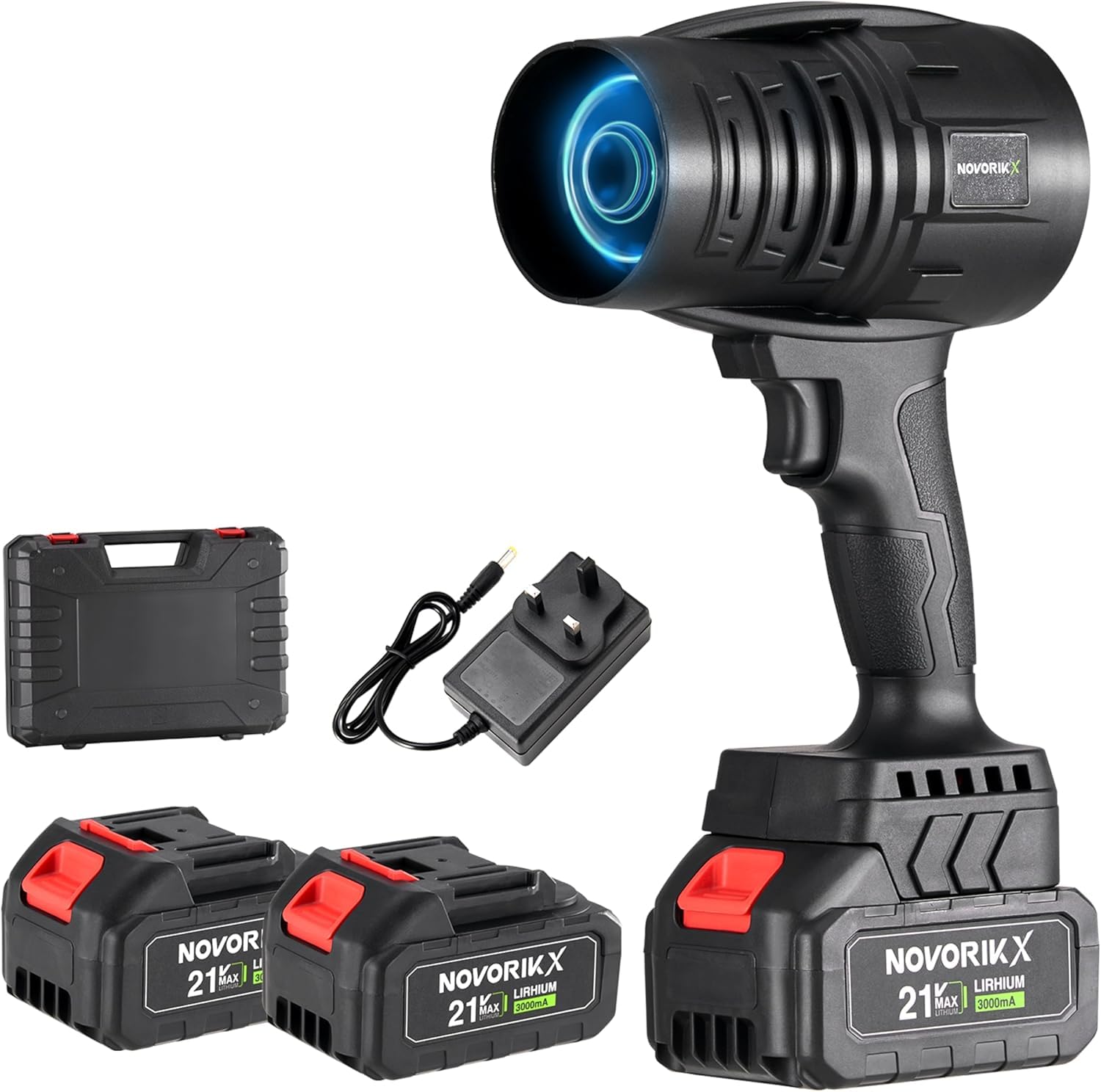 NovorikX Mini soffiatore turbo senza fili, 20 V, 30000 giri/min, con 2 batterie da 3,0 Ah e caricabatterie, ultraleggero, 55 m/s, per pulizia auto/prato/garage e rimozione neve