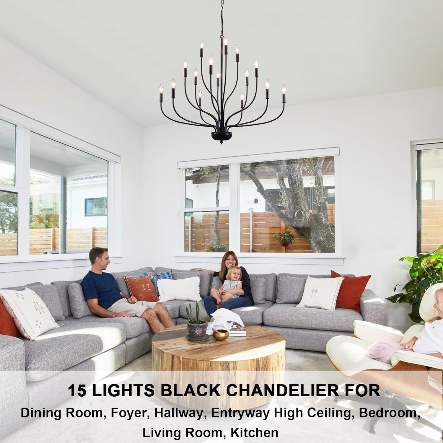 Farmhouse Chandelier for Dining Room, 15-Light Black Branch Chandelier, 37.4" Candle Style Modern Large Hanging Light Fixture for Living Room, Foyer, Entryway, High Ceiling Staircase