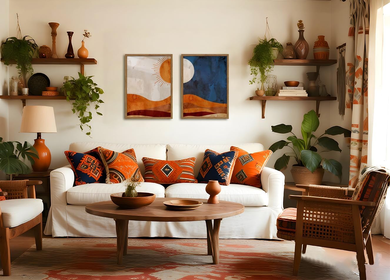 Framed Boho Sun and Moon Canvas Wall Art Set of 2, Vintage Western Desert Landscape Wall Decor Paintings, Mid Century Modern Abstract Pictures Prints Artwork for Living Room Bedroom Office 16x24 inch
