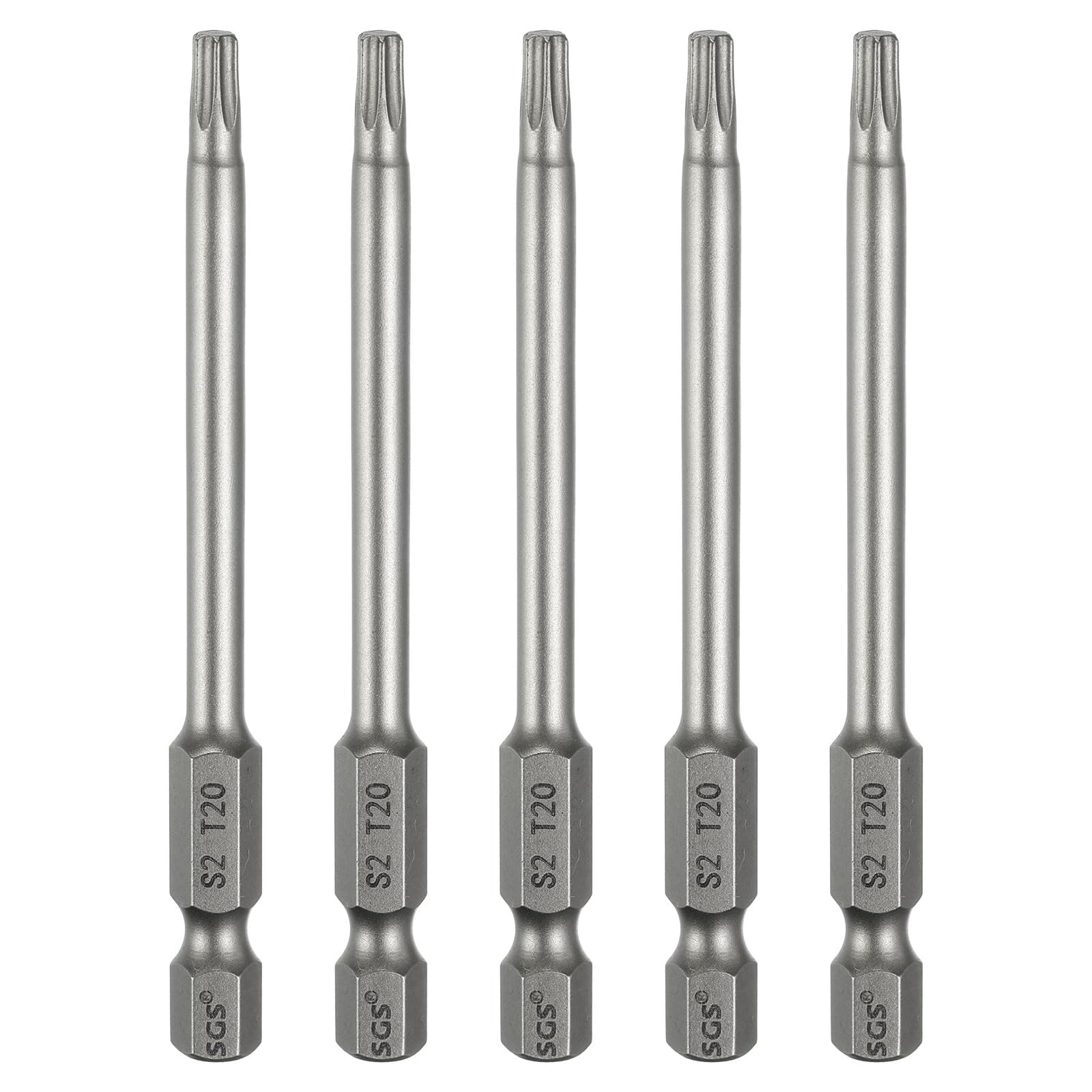 sourcing map 5pcs T20 Torx Head Screwdriver Bit 1/4" Hex Shank 3.15" (80mm) Long Magnetic No Hole Tip Tamper Proof 6 Point Star Screw Driver Drill Bits S2 Steel Industrial Power Screwdrivers — image 1