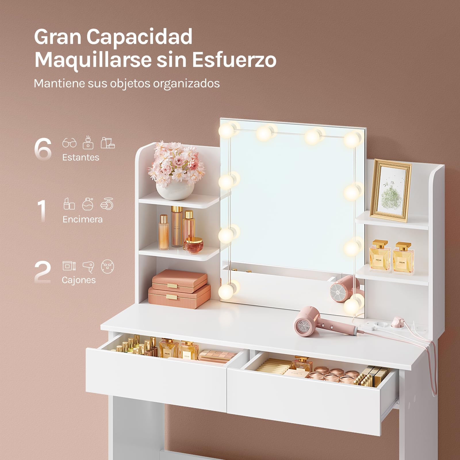 WOLTU Tocador de Maquillaje con Espejo, Luz LED, Regleta de Enchufes, 2 Cajones y 4 Estantes, Ancho 90 cm, Mesa de Tocador Moderno para Dormitorio, Blanco, MB6123ws