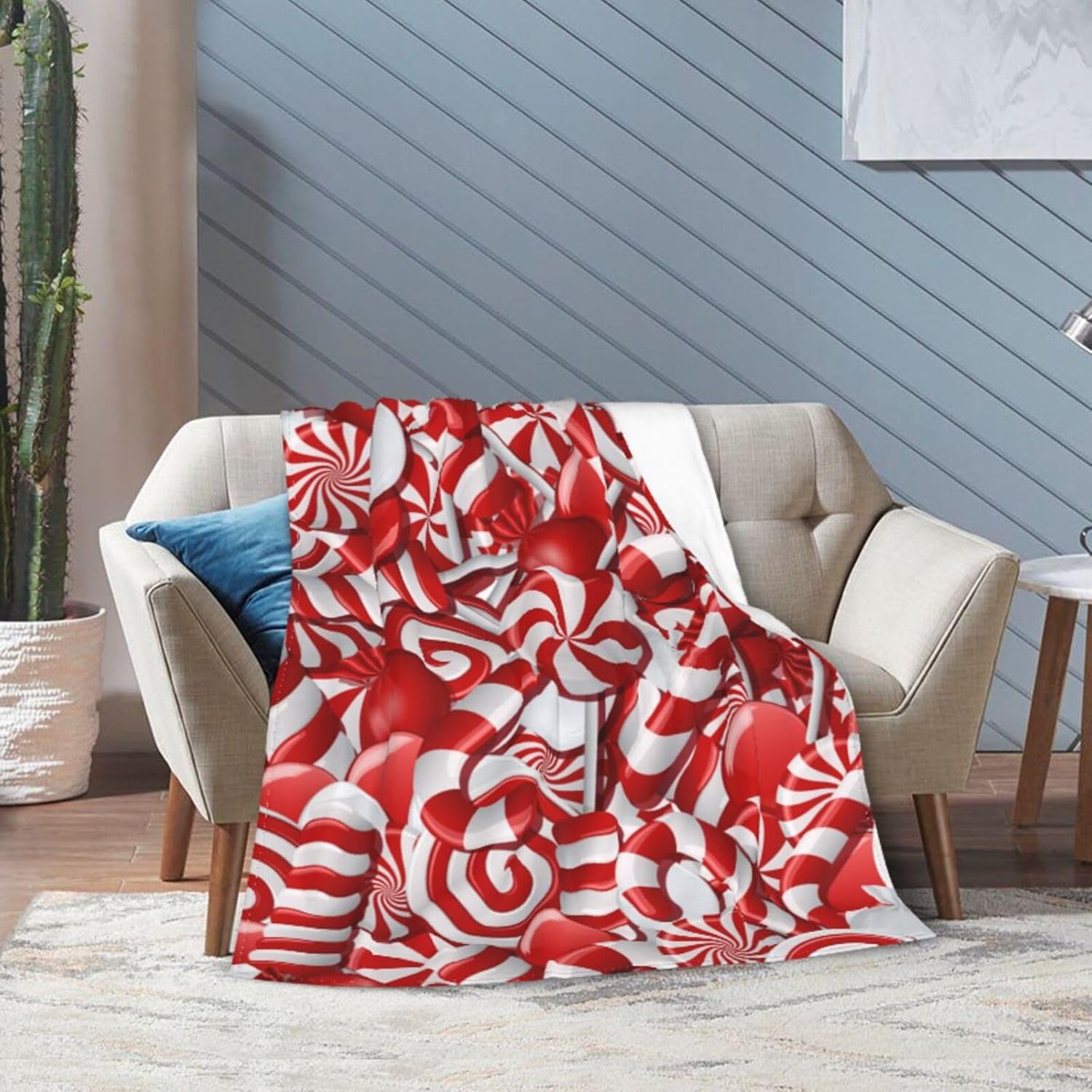 Red White Christmas Candy Canes Blanket Soft Comfy Flannel Throw Blankets Lightweight Warm Bed Throws Plush for Couch Sofa Camping Office Travel Home Bedroom Decor Girls Boys Women Men Gifts 60"X50" - Image 7