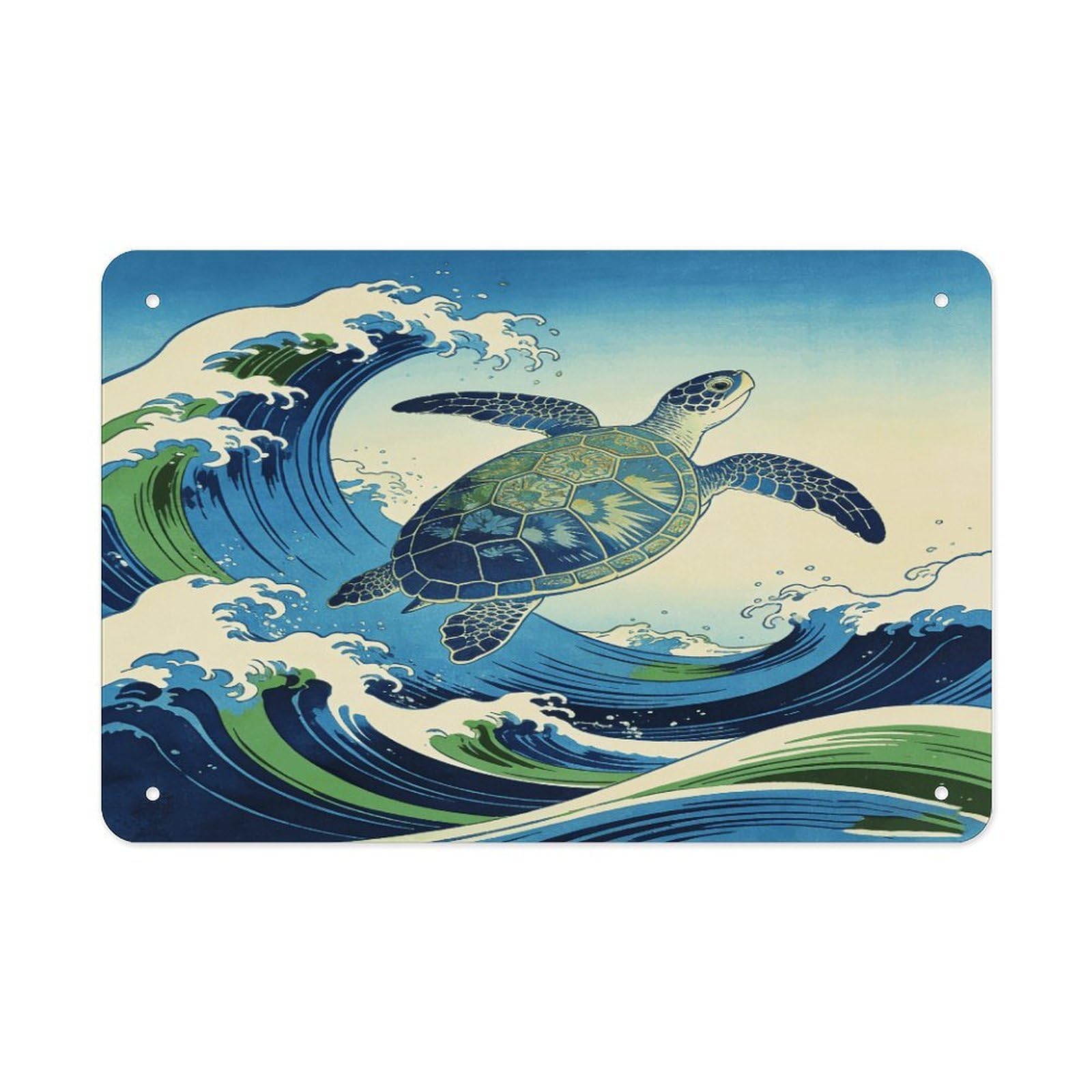 Fodpand Style Japanese Waves And Turtles Wall Art Metal Tin Signs Bar Metal Tin Sign Wall Decor For Home Living Room Bedroom Toilet Hotel Halloween Decor Gifts 7.9X 11.8 Inch