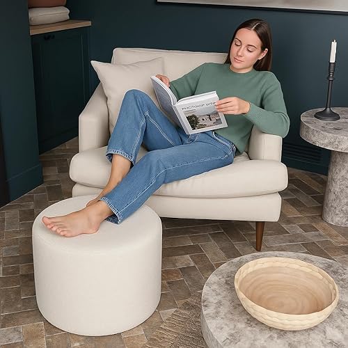 Miniatura 9 de Puf redondo otomano y reposapiés, reposapiés suave boucle otomanos para sala de estar, cómodos rellenos de esponja para sofá, escritorio, descansar