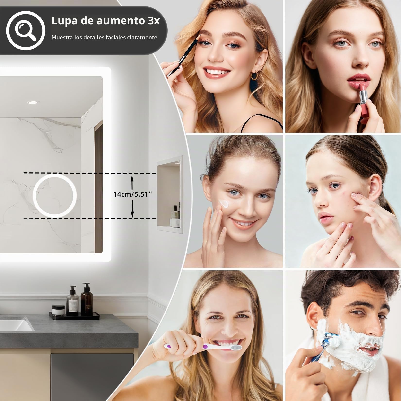 LUVODI Espejo de Baño Pared Bluetooth 100x70 cm con 3X Aumento Luz LED Retroiluminado Espejo Baño Grande Moderno con Interruptor Táctil Función Antivaho Memoria, Impermeable, CRI>97,CE