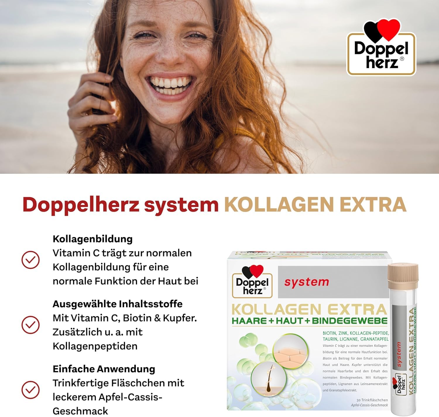 Doppelherz system KOLLAGEN EXTRA - Mit Vitamin C, Biotin + Zink | Biotin als Beitrag für den Erhalt normaler Haut & Haare - 30 Trinkfläschchen