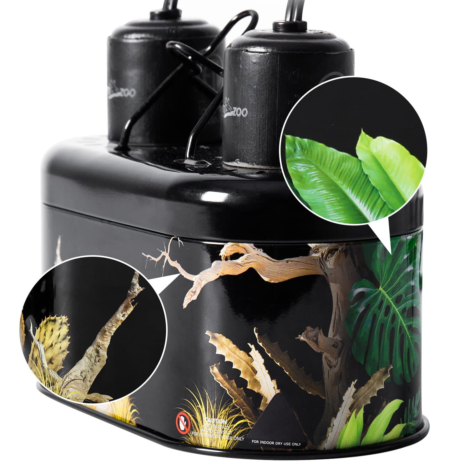 REPTI ZOONano Combo Print Tropical Desert Reptile Dual Deep Dome Lamp Fixture for Reptile Max 40 Watts Max Bulb Height 4 in Per Socket UVB Light Fixture Dual Lamp Cap Combo Integration Design