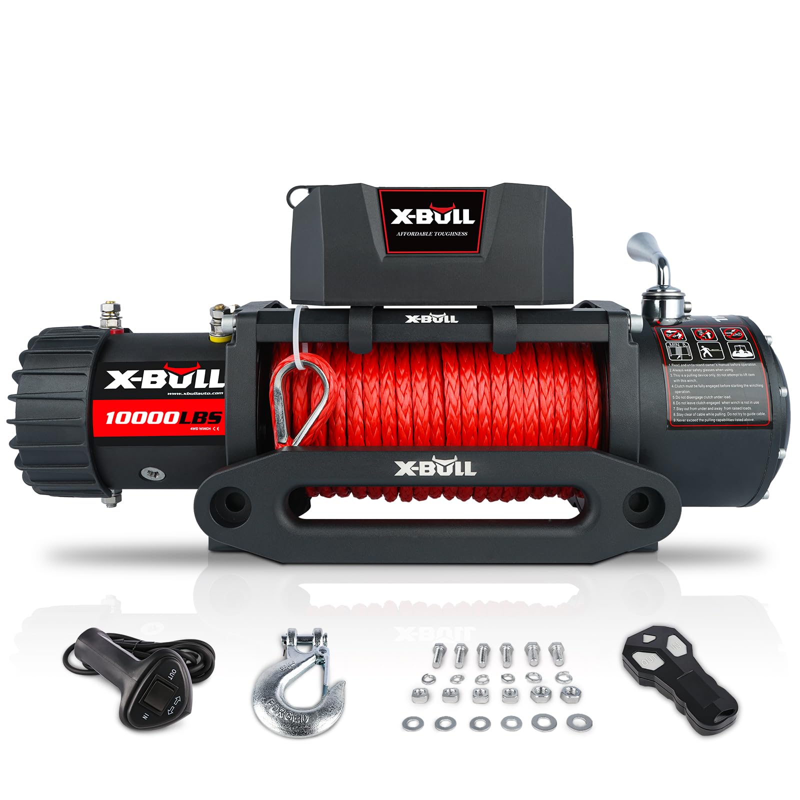 X-BULL Elektrische Winde für Quad - Durchzugskraft 10000lbs (4536kg) - Elektrische Seilwinde - Motorwinde Seilzug - für Pflüge, UTV, ATV, Quad, Offroad - 53 x 16 x 27 cm - 12V, Schwarz
