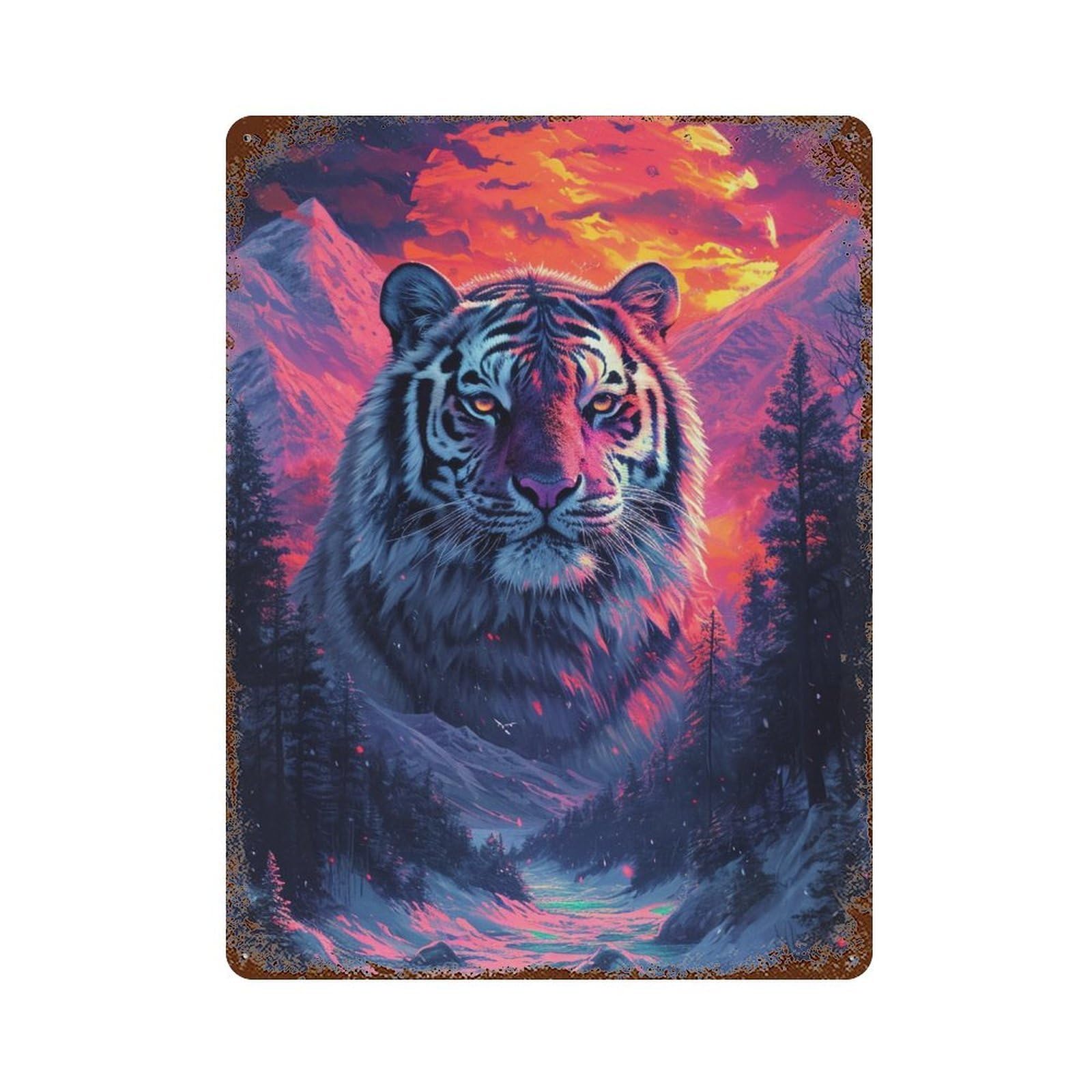 Tiger Mountain Sunset Landscape Rustic Tin Plaque 15.7"x11.8", Rustic Home Decor for Office, Studio And Wall Decor
